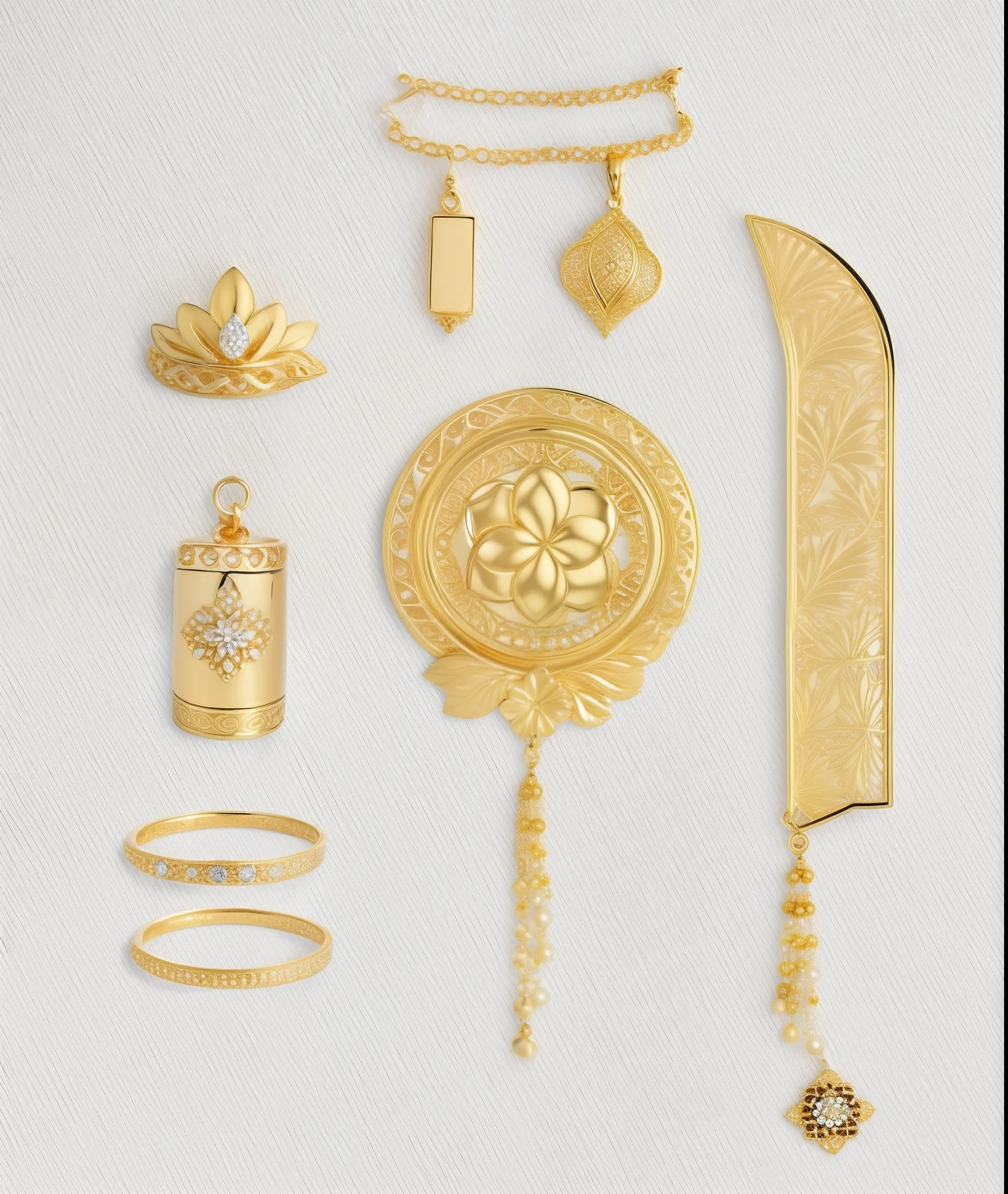 there are many gold items on a white surface, adornos dourados, adornos dourados, Elementos de ouro, joias de ouro, joias de ouro elaboradas, Ornamentos de ouro, super detalhe de cada objeto, intrincados elementos dourados, design de joias, Armadura de ouro e coroa, Ouro Jewerly, joias de ouro, joias de ouro, elementos dourados decorativos
