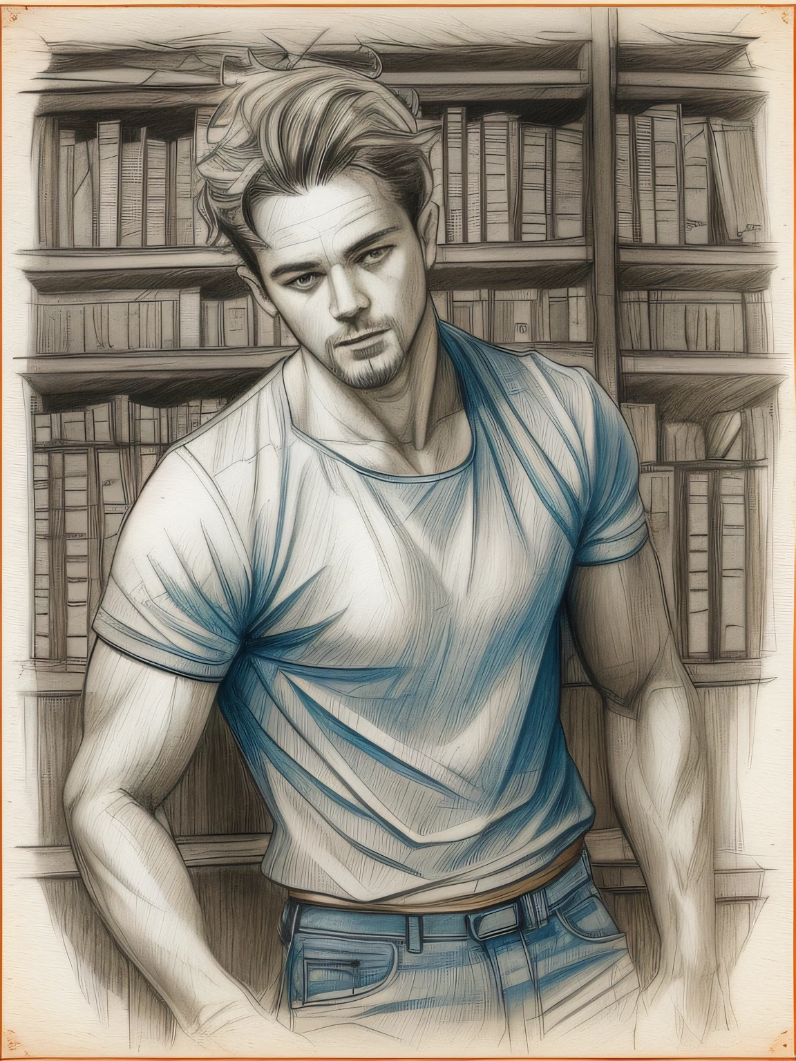 Drawing Inside an Enchanted Library, Very Handsome Man, with wavy hair, Full Body, tanned, Blue Eyes, Eyes dancing, Dressed in a RED Tee and Jeans, FULL Body, Inside Enchanted Magical Library,  Look at a book, Its shelves are adorned with Gold, Black, Brown, Blue, books, realistic sketch, hyper realistic sketch, detailed pencil sketch, pencil sketch, realistic digital drawing, detailed sketch drawing, highly detailed portrait, detailed 4 k drawing, pencil draw, highly detailed sketch, realistic drawing, extremely detailed portrait, detailed but rough, pencil drawing illustration, realism drawing, detailed sketch, sketch art,((high quality, masterpiece:1.4)), 1man, ((Full Body)), portrait sketch, messy drawing, messy charcoal spots, unfinished sketch, sketchbook charcoal style drawing of a man, sketchbook drawing, sketchbook, symmetrical face, symmetrical eyes, realistic charcoal lines, imperfect drawing, charcoal crumbs, charcoal lines, imperfections, blue eyed, man wearing a Red Tee and Jeans, realistic, looking at a book