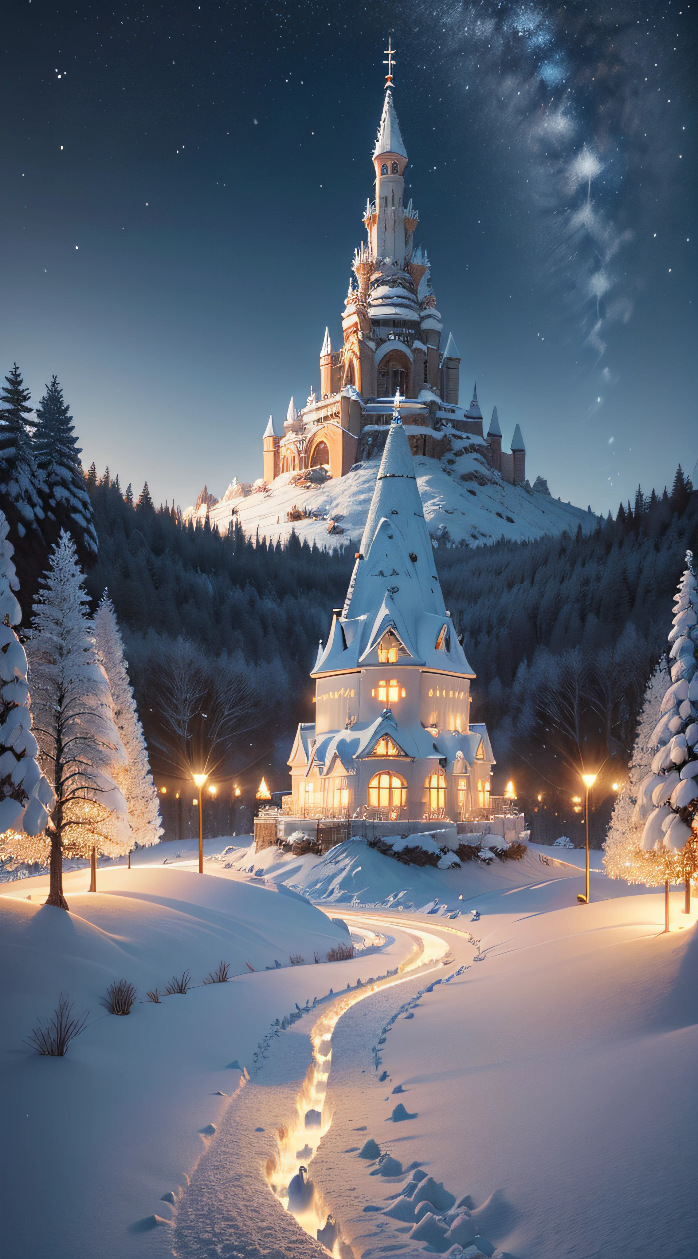 Pays des merveilles de l&#39;hiver. Le plus grand parc d&#39;attractions hivernal, Maison dans les arbres.enormous flocons de neige en decoration , Un paysage de merveilles hivernales, Snowy landscape, couleurs hivernales vibrantes, Limpide , Sparkling snowflakes, Clothing D&#39;hiver confortables, Rires joyeux, batailles de boules de neige ludiques, aurores boreales mystiques, arbres enneiges, Silence paisible, Soufflé ice cream, chocolat chaud, patinage, faire de la luge sur les collines, complexe , Sparkling stars, nuits d&#39;hiver paisibles. (Hdr, 16k, beste-Qualit, high resolucion, Masterpiece, ultra-detailed, Realstic) Des villages aux aurores boreales mystiques : dnas le ciel les aurores boreales dessinent un village. Un paysage de merveilles d&#39;hiver, Snowy landscape, couleurs d&#39;hiver vibrantes, Glace cristalline, Sparkling snowflakes, arbres enneiges, Silence paisible, Soufflé ice cream, Sparkling stars, nuits d&#39;hiver paisibles