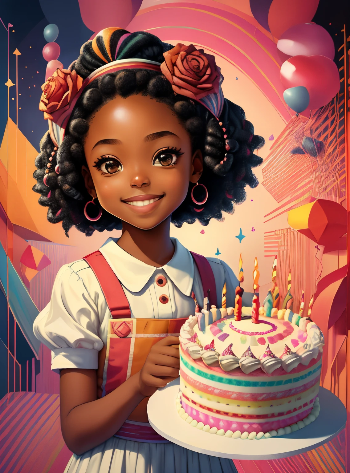 ((|) (cute black girl smiling with a beautiful birthday cake) stylized identical to 1940 |)), acolchoamento ,multidimensional geometric wall PORTRAIT, arte, Chibi,
Yang016K, lindo,(( Predominant red coloration ,rosa e branco))
Primary works, qualidade superior, melhor qualidade, Arte Oficial, Lindo e Estetaduardo Kobra acolchoamento ,multidimensional geometric wall PORTRAIT, arte, Chibo,detalhes