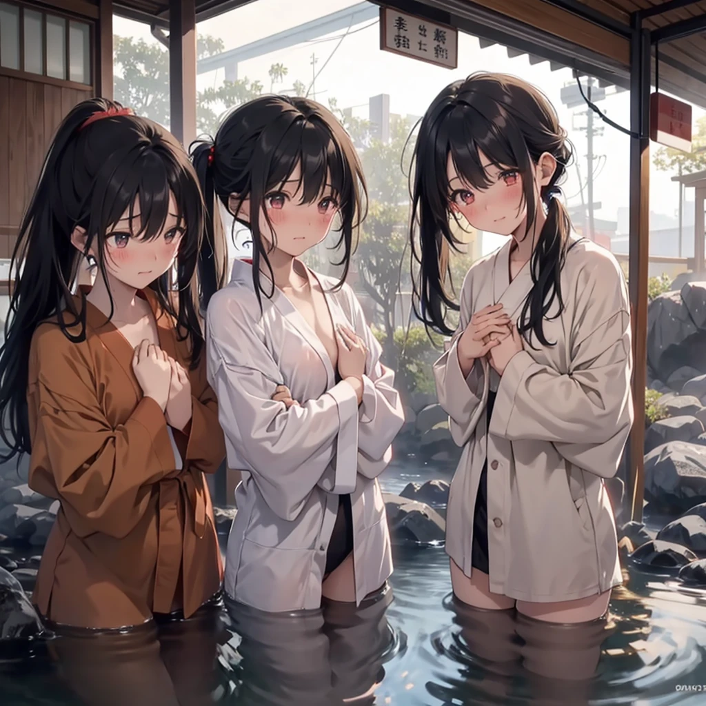 hot onsen、Three Girls、Nothing is worn、Public Hot Springs、Leaking or holding back pee、Black hair color、poneyTail、Crying face、red blush、Tears from the eyes、Open legs、Crying、Vertically aligned、posterior view、Hiding the chest with hands、Lack of clothing