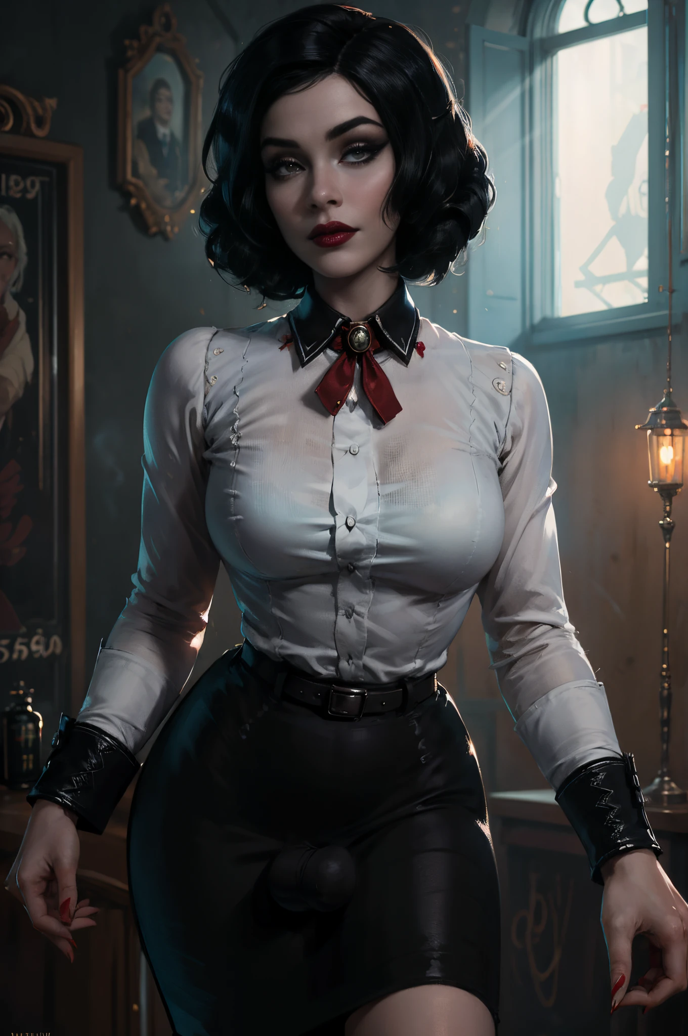 ( there is a woman holding her skirt up and showing her erection, futanari ),( Elizabeth from Burial at Sea ) (realistic:1.5), (fully dressed), ((female in 1950 hair short hair style a white long-sleeved blouse, her bird cameo, a black knee-length tight fitted skirt with a red belt, fishnet stockings and black heels with an ankle strap. Her hairstyle is brushed out pin curls and she wears make-up. )), (long black skirt:1.2) (white shirt:1.2) (masterpiece), (specular lighting:1.3), (hyperrealistic:1.2), (photorealistic face:1.2), (perfect face), (perfect eyeest quality), (there is a woman holding a cigarette in her hand, elizabeth from bioshock Burial at Sea, dramatic smoking pose, epic and classy portrait, beautiful , with smoke, cigarette, bioshock steampunk portrait ), (4k), sharp focus, octane render, best quality, extremely detailed, intricate, fantasy, soft lighting, (curvy:1.3), ( big eyes :1.3), (futanari:1.2), thick eyelashes, long eyelashes, ( slim ), smile, ((1950:1.5)), ( red lips, long eyelashes, mascara, eyeliner, eyeshadow, makeupt:1.3), cosy, looking at viewer, detailed skin , zfuta futanari, (erection:1.4)