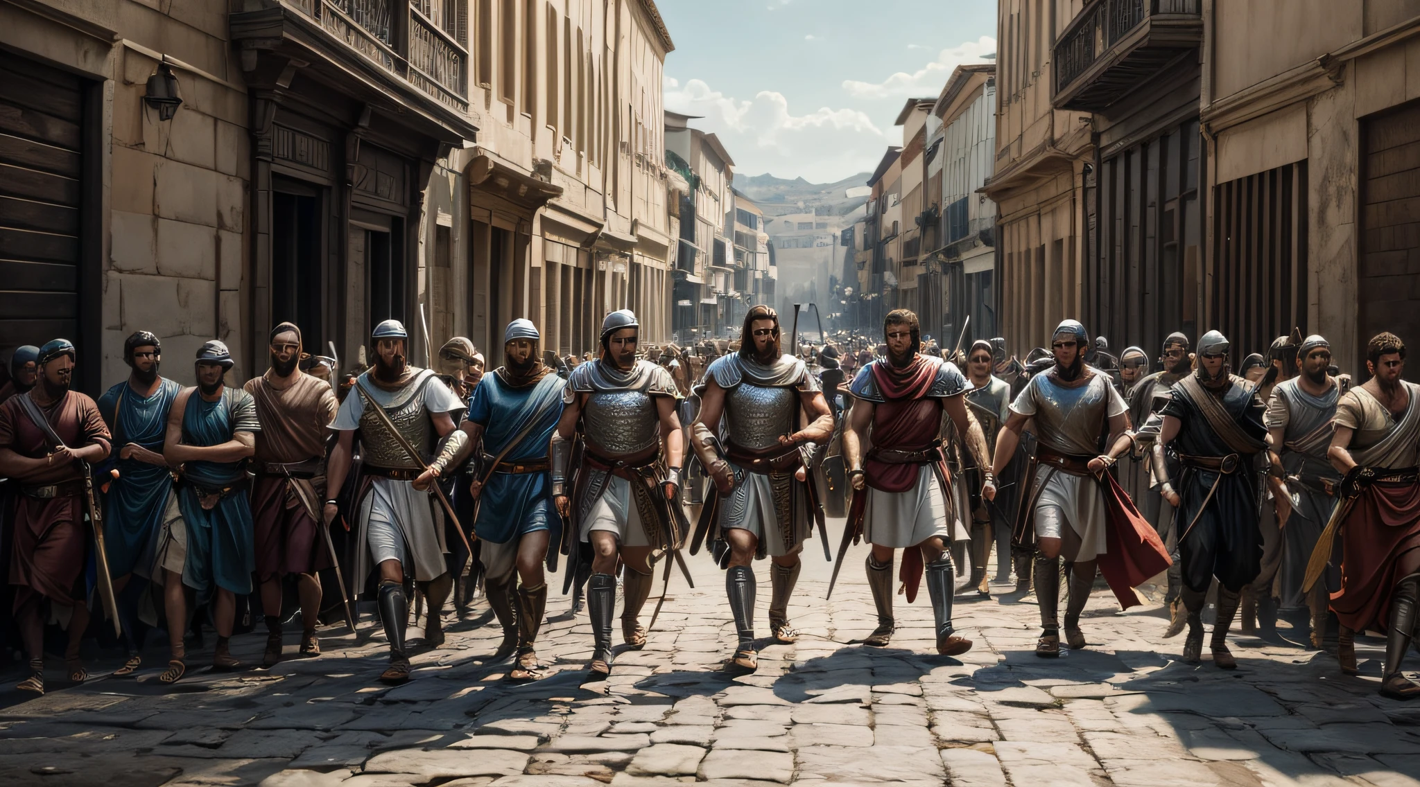 homens lutando com espadas, drunk men, third century d image.C,., Roman Empire, third century, rua lotada, epic biblical representation, ruas lotadas, viajantes andando pelas ruas, Cidade Santa | illustration, pessoas andando por uma rua, walking out of a the havens gate, Directed by: Joseph Henderson, biblical art style, Directed by: Jason Felix, beautiful depiction, Foto realista