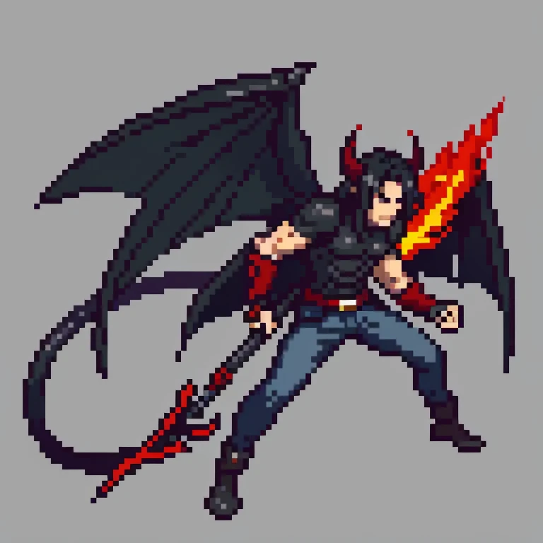 Pixel art of Full body image of a Man with dragon wings, he has long black hair, horns that are dark brown his wings are a light gray, and his face, body and arm are partially covered in gray scales, he carries a long spear, wearing a red jacket, black jeans, black boots, light gray dragon tail, facing right, 64 bit sprite art, Fighting game pixel art