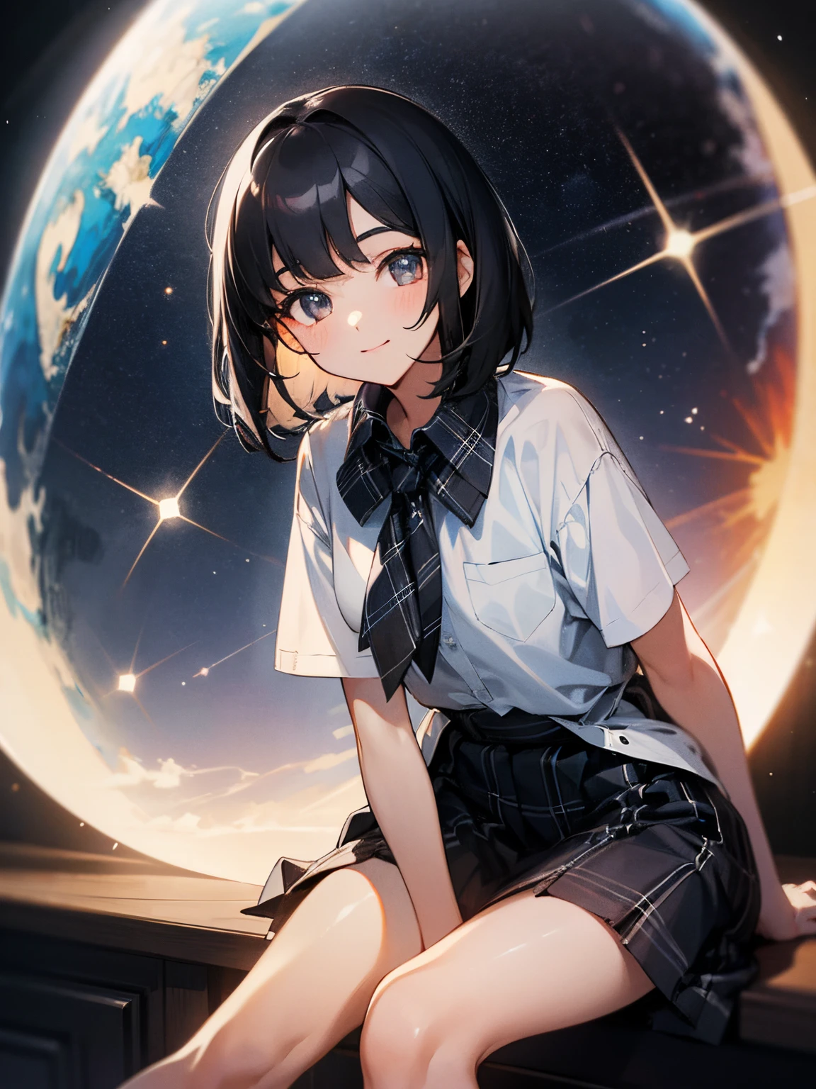 one-girl，with short black hair，Elegant，gray pupil，ssmile，17-year-old girl，nigh sky，sitted，looking at the camera in，tmasterpiece，white  shirt，plaid skirts