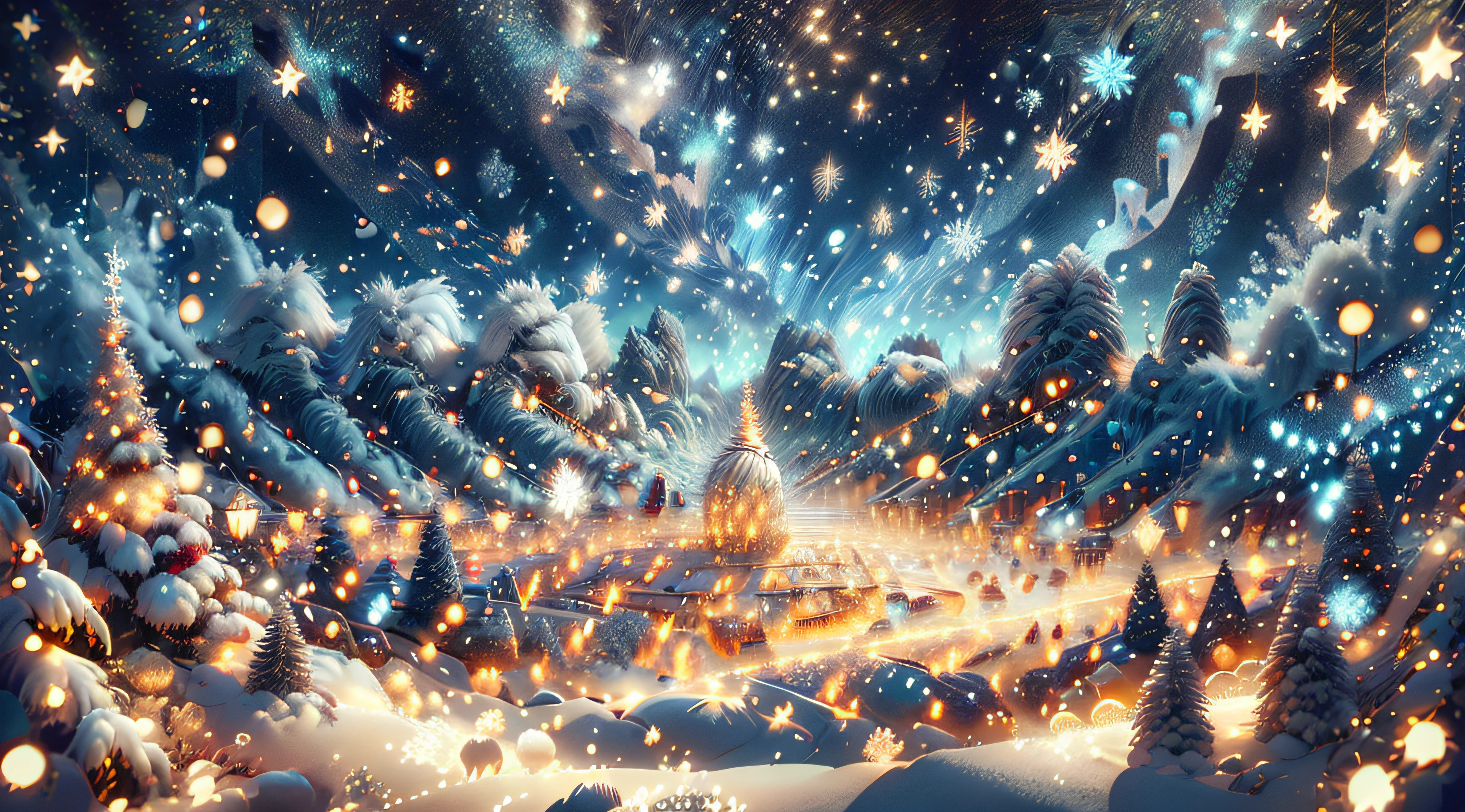 Pays des merveilles de l&#39;hiver. Le plus grand parc d&#39;attractions hivernal, Maison dans les arbres.enormous flocons de neige en decoration , Un paysage de merveilles hivernales, Snowy landscape, couleurs hivernales vibrantes, Limpide , Sparkling snowflakes, Clothing D&#39;hiver confortables, Rires joyeux, batailles de boules de neige ludiques, aurores boreales mystiques, arbres enneiges, Silence paisible, Soufflé ice cream, chocolat chaud, patinage, faire de la luge sur les collines, complexe , Sparkling stars, nuits d&#39;hiver paisibles. (Hdr, 16k, beste-Qualit, high resolucion, Masterpiece, ultra-detailed, Realstic) Des villages aux aurores boreales mystiques : dnas le ciel les aurores boreales dessinent un village. Un paysage de merveilles d&#39;hiver, Snowy landscape, couleurs d&#39;hiver vibrantes, Glace cristalline, Sparkling snowflakes, arbres enneiges, Silence paisible, Soufflé ice cream, Sparkling stars, nuits d&#39;hiver paisibles