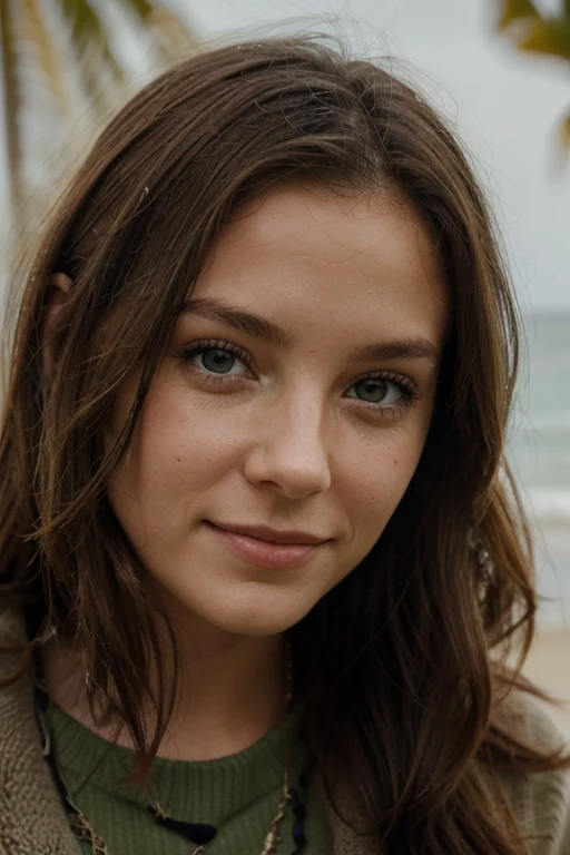 Style très réaliste, jeune femme, cheveux bruns, Yeux verts, beach, Objectif 24mm, bikini, smiling