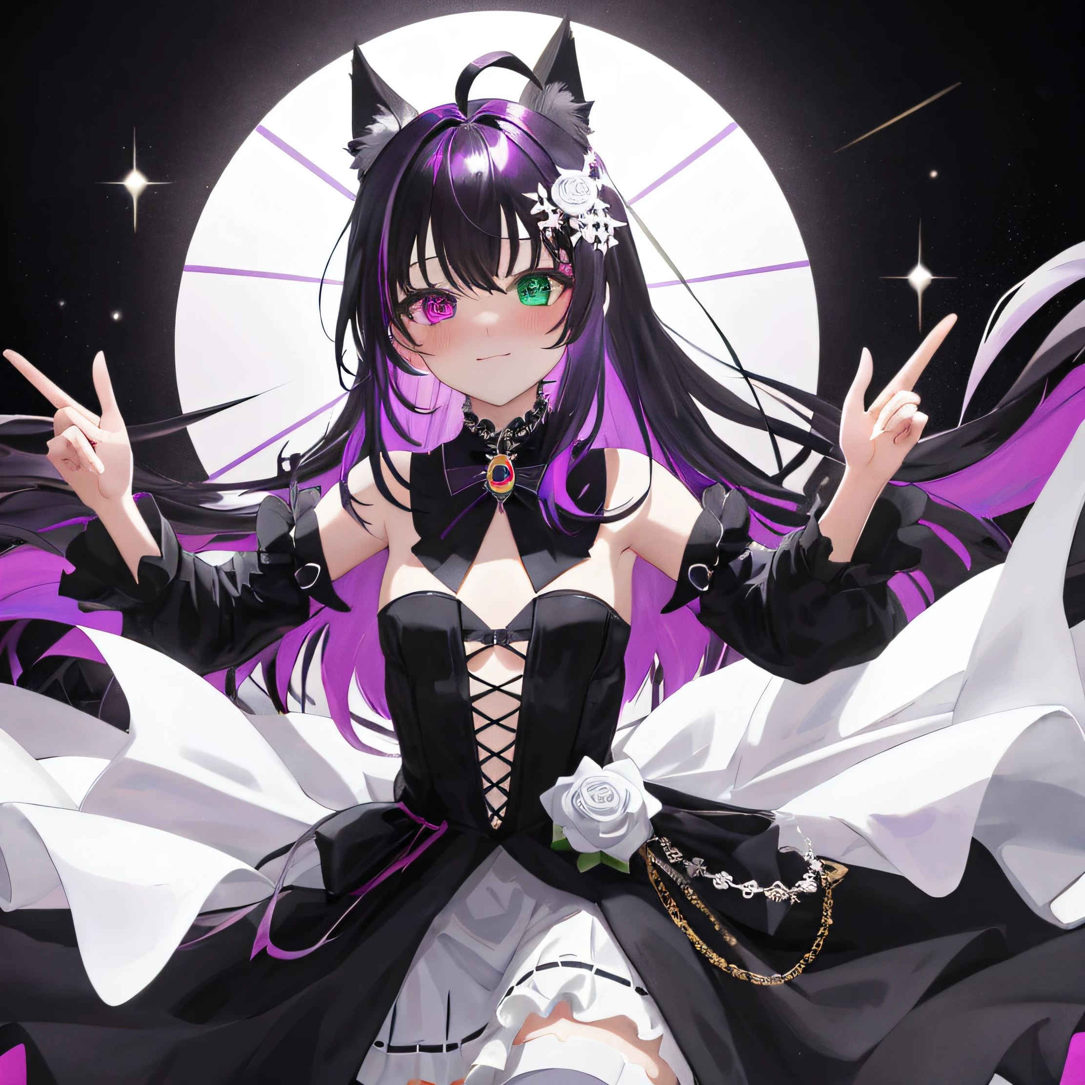 Masterpiece, Good Quality, extremely detailed wallpaper KG Unity 8K, kirigami, (upper-body), 1 woman, Heterochromia, black and purple hair, Gradient hair, ahoge, black cat ears, Look at the viewer, wedding dress, white stockings, Emari Yang, perfect artwork, Milf, shy face, Sparkling eyes, Background, Space, Close to the viewer, small boobs