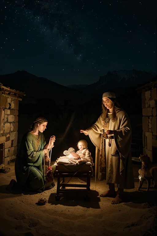 image with baby Jesus in the manger with the three wise men at night with stars and animals