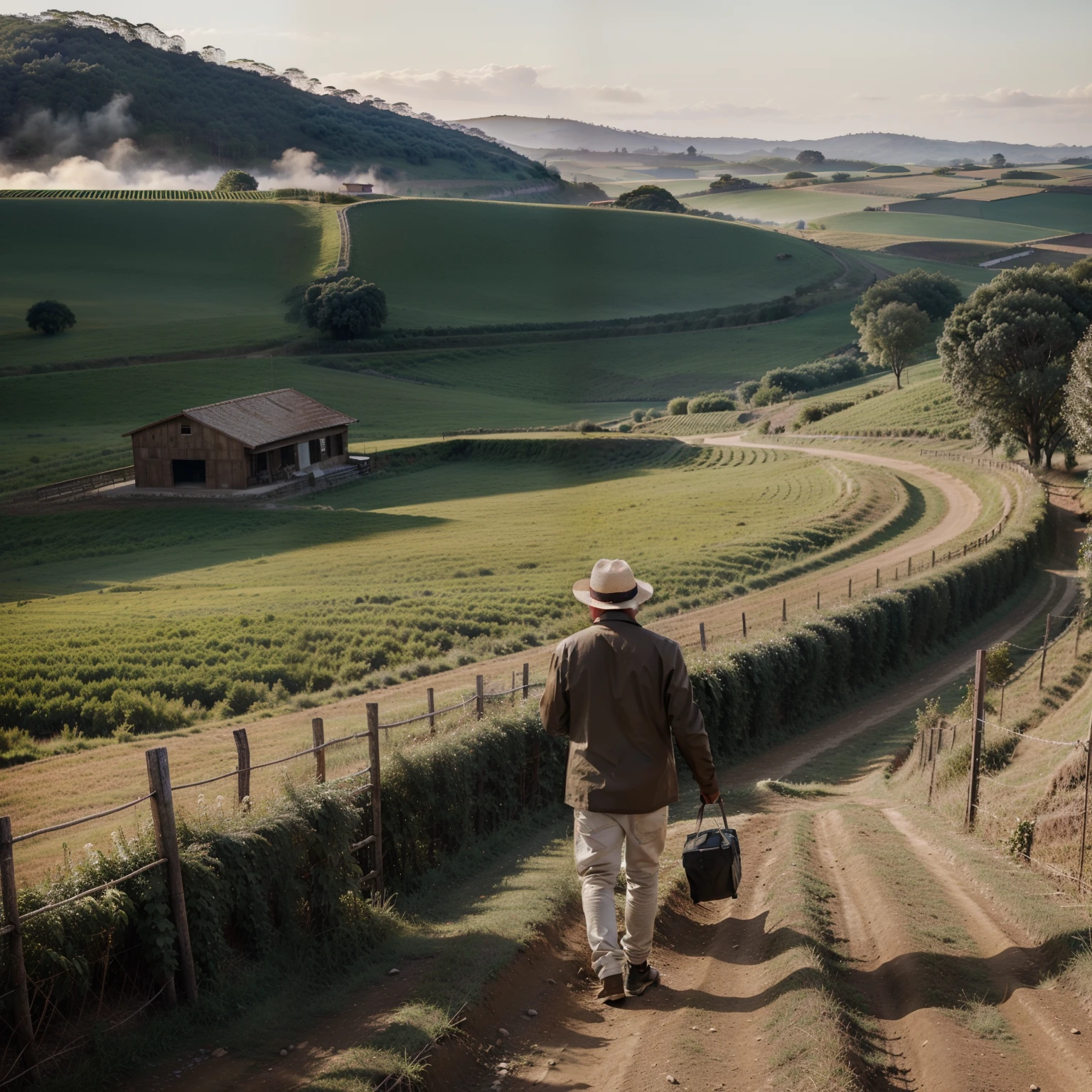 homem com roupa de papai noel trabalhando em uma lavoura, countryside setting, uma grande fazenda ao fundo, imagem realista, alta qualidade