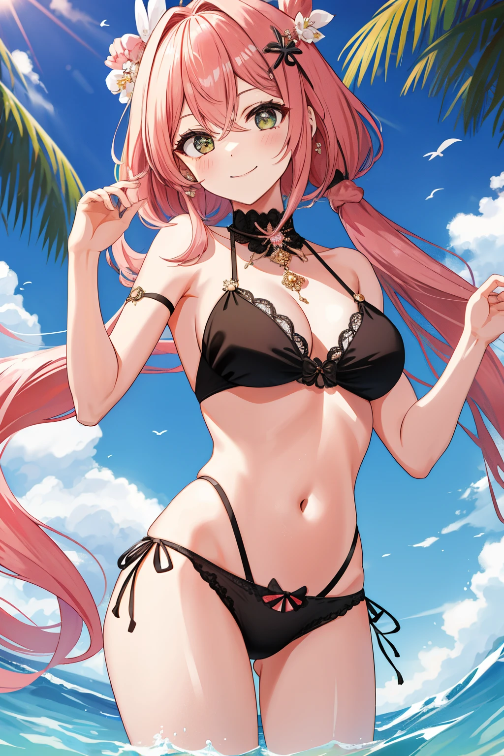 1girl, master part, cabelo rosa, franja contundente, cabelos longos, Seios enormes, Panties, renda, Meias, Colares, olhos verdes, Sorriso leve, clivagem, sbikini