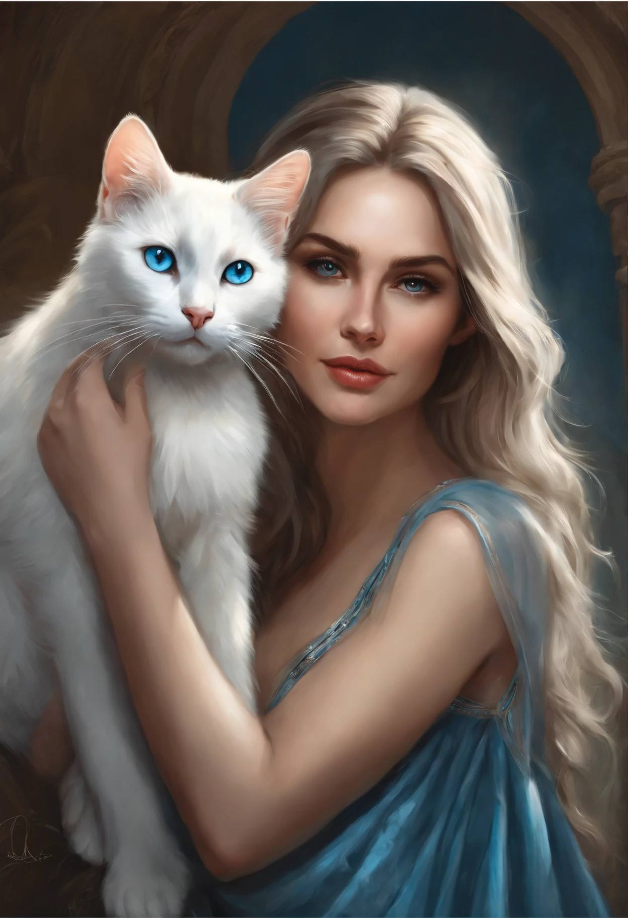 painting of a woman, holding a white cat with blue eyes., graphic artist magali villeneuve, fantasy art portrait, magali villeneuve', magali villeneuve and monet, inspired by Magali Villeneuve, fantasy portrait art, fantasy portrait, beautiful fantasy art portrait, Fantasy genre portrait, white cat girl, digital fantasy portrait, in the art style of bowater