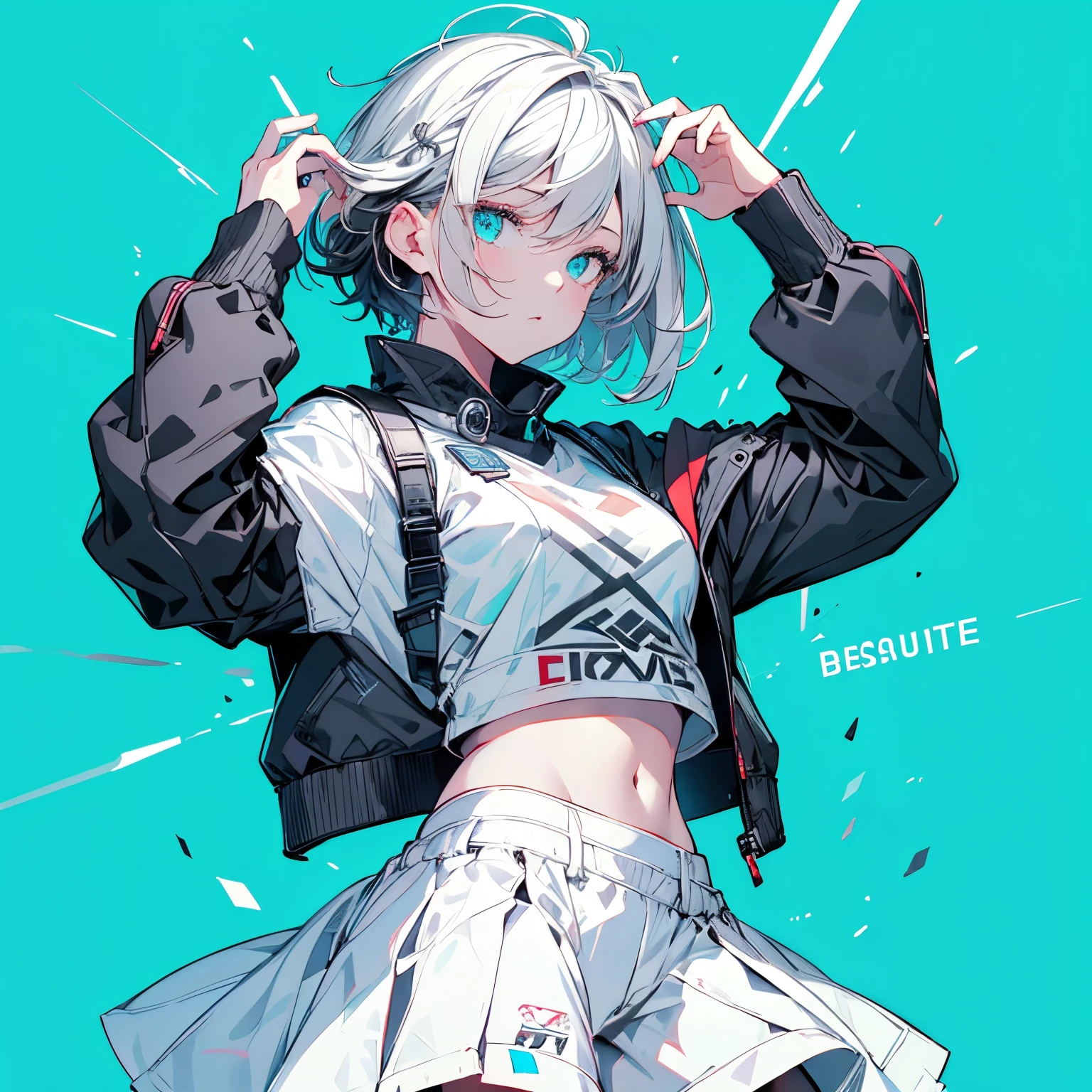 (masutepiece:1.2, Best Quality),  [1 girl in, expressioness, Turquoise eyes, black hair, half short cut hair,White Jacket,jacket comes off, ,Upper body]  (Gray white background:1.2),