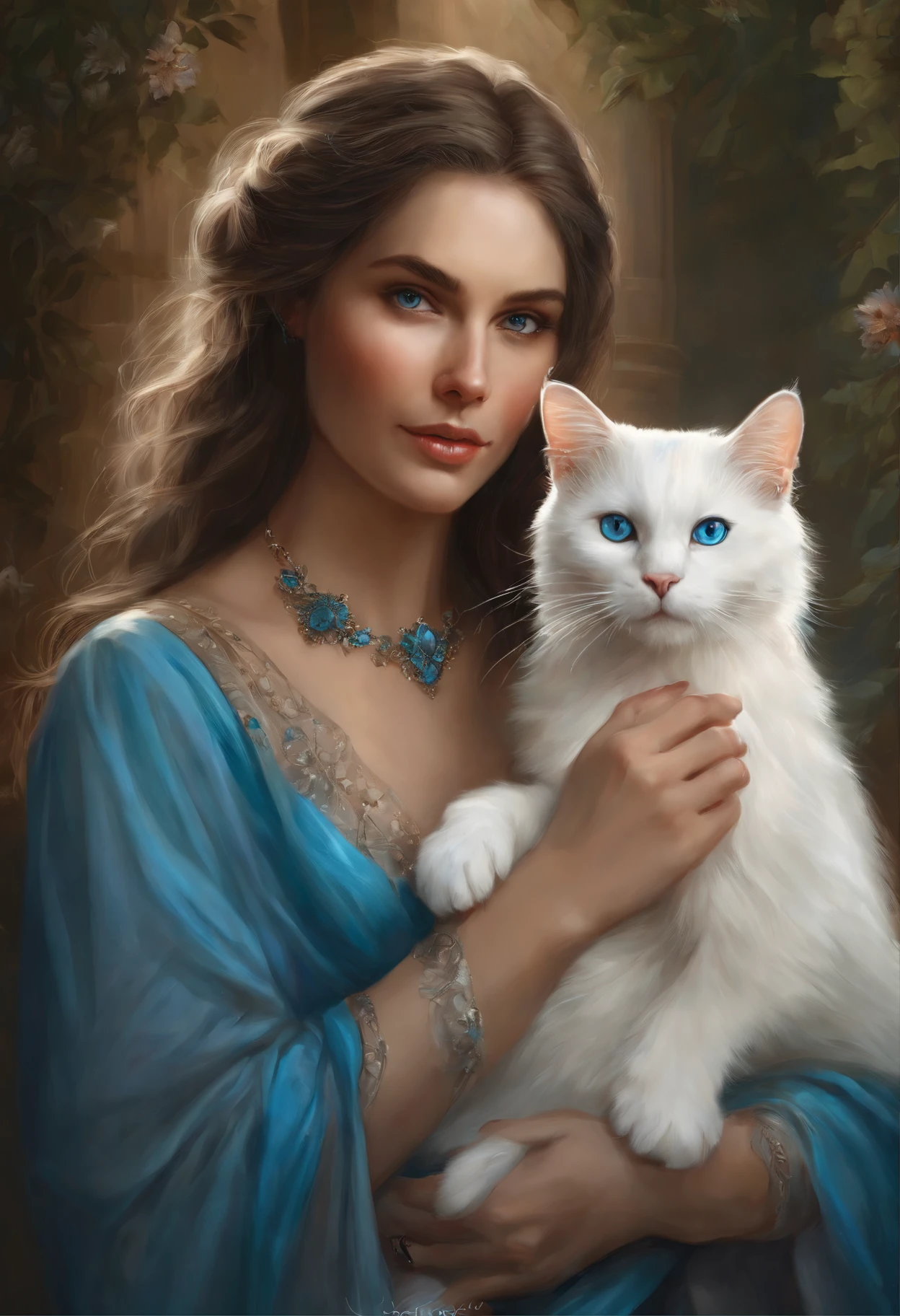 painting of a woman, holding a white cat with blue eyes., graphic artist magali villeneuve, fantasy art portrait, magali villeneuve', magali villeneuve and monet, inspired by Magali Villeneuve, fantasy portrait art, fantasy portrait, beautiful fantasy art portrait, Fantasy genre portrait, white cat girl, digital fantasy portrait, in the art style of bowater