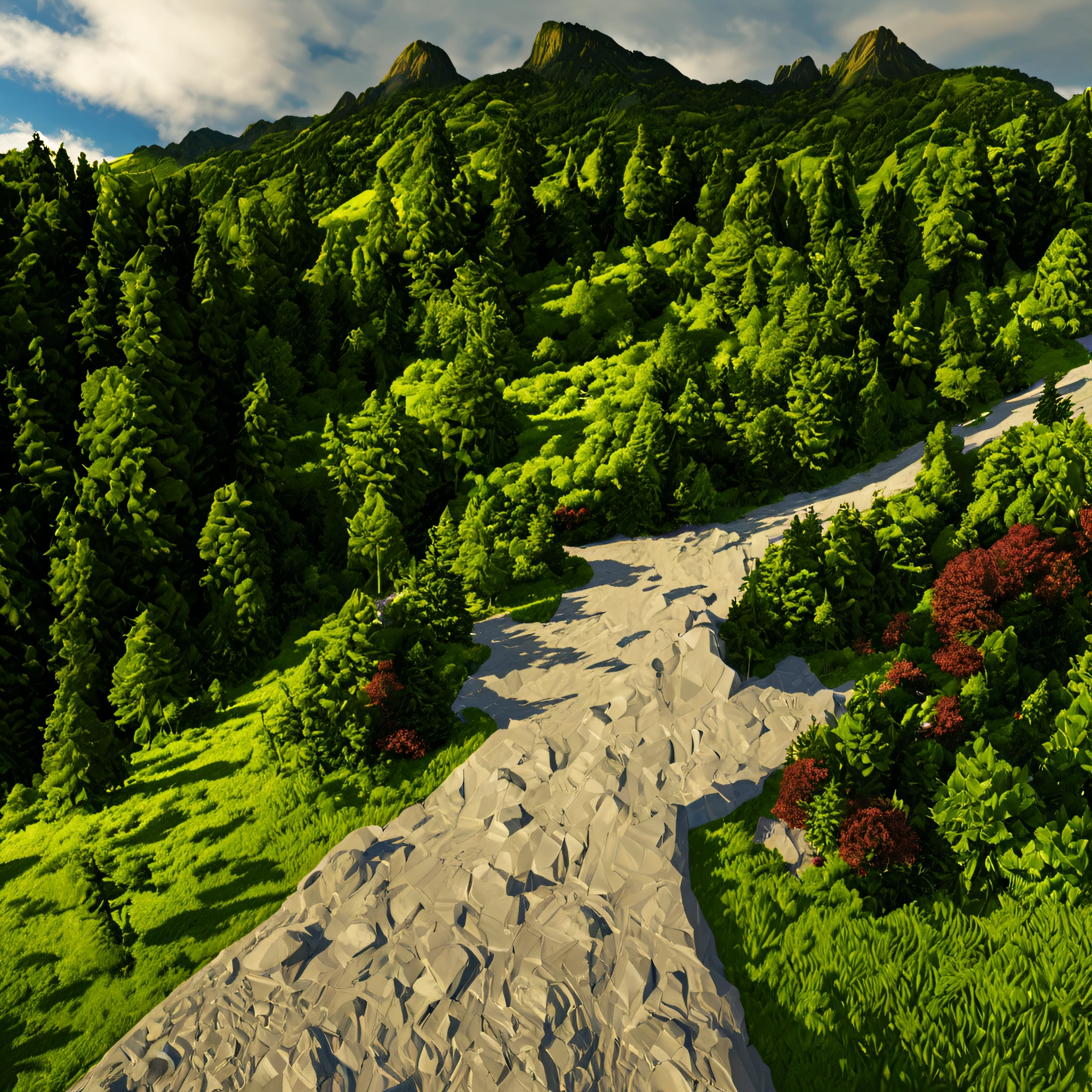 create a digital matte painting of a forest landscape with many tall green trees, with giant rocky mountains in a science fiction movie setting with ancient stone temples embedded in high rocks, the scene takes place in a clearing in the center of a dense and wide forest of trees and giant plants,in the sky of this illustration, um astronauta masculino com uniforme branco caminha em uma estrada de pedras perto de uma escadaria gigante de um templo, Close detalhado e realista do astronauta, detalhamento da roupa espacial do astronauta, dual perspective detailed view from bottom to top, add a field full of red flower buds on the ground next to a nearby path with low green grass towards the large forest and situated in the background of the scene against the background of a blue sky with white 3D clouds a long path, ultra realism in the matte painting cinematography of the illustration based on the matte painting art of artist Albert Whitlock