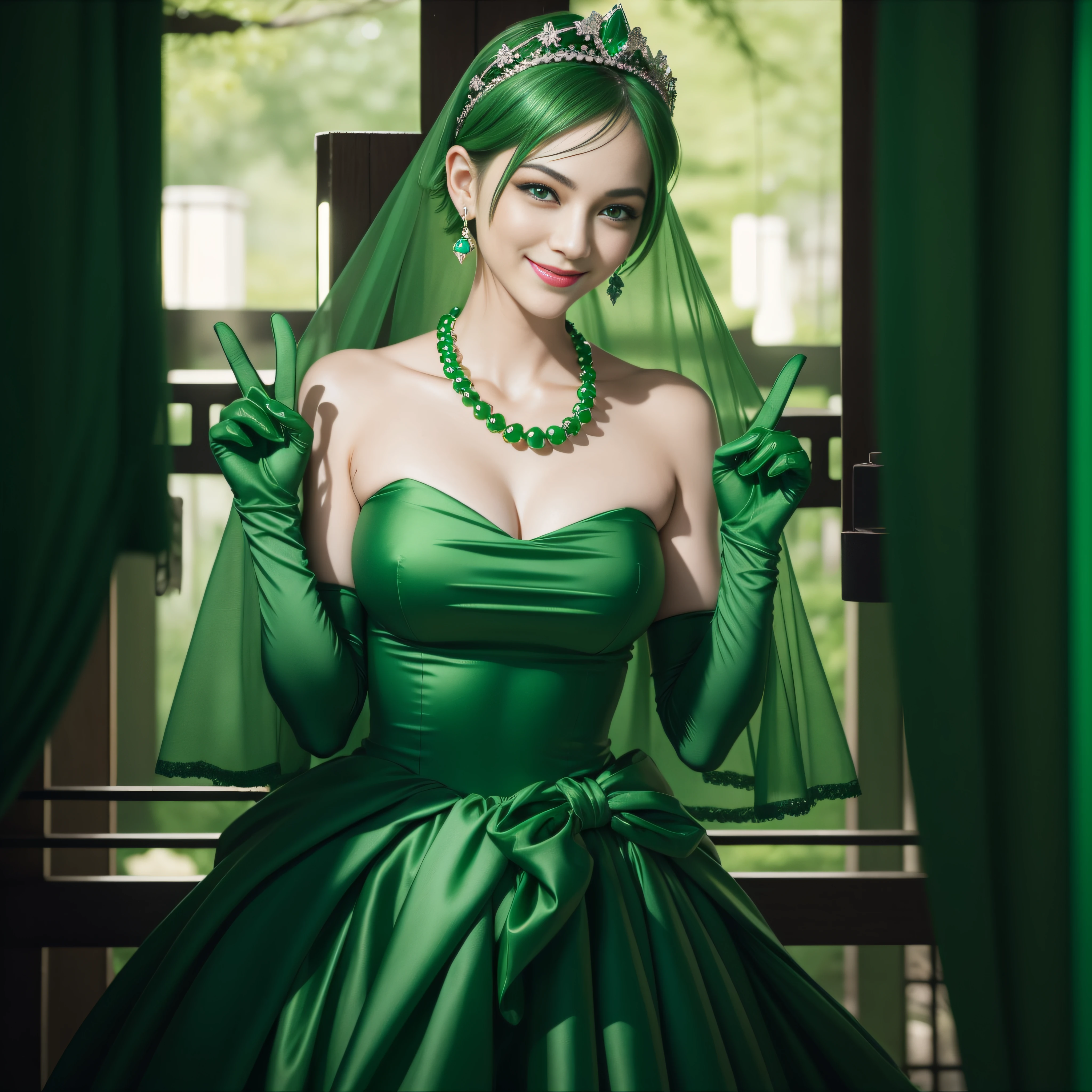 emerald tiara, Green Pearl Necklace, Boyish very short green hair, lipsticks, Japan woman smiling, very short short hair,  big breasts beautiful, Green eyes, Long green gloves made of satin material, Green eyes, Emerald Earrings, green vale, v sign