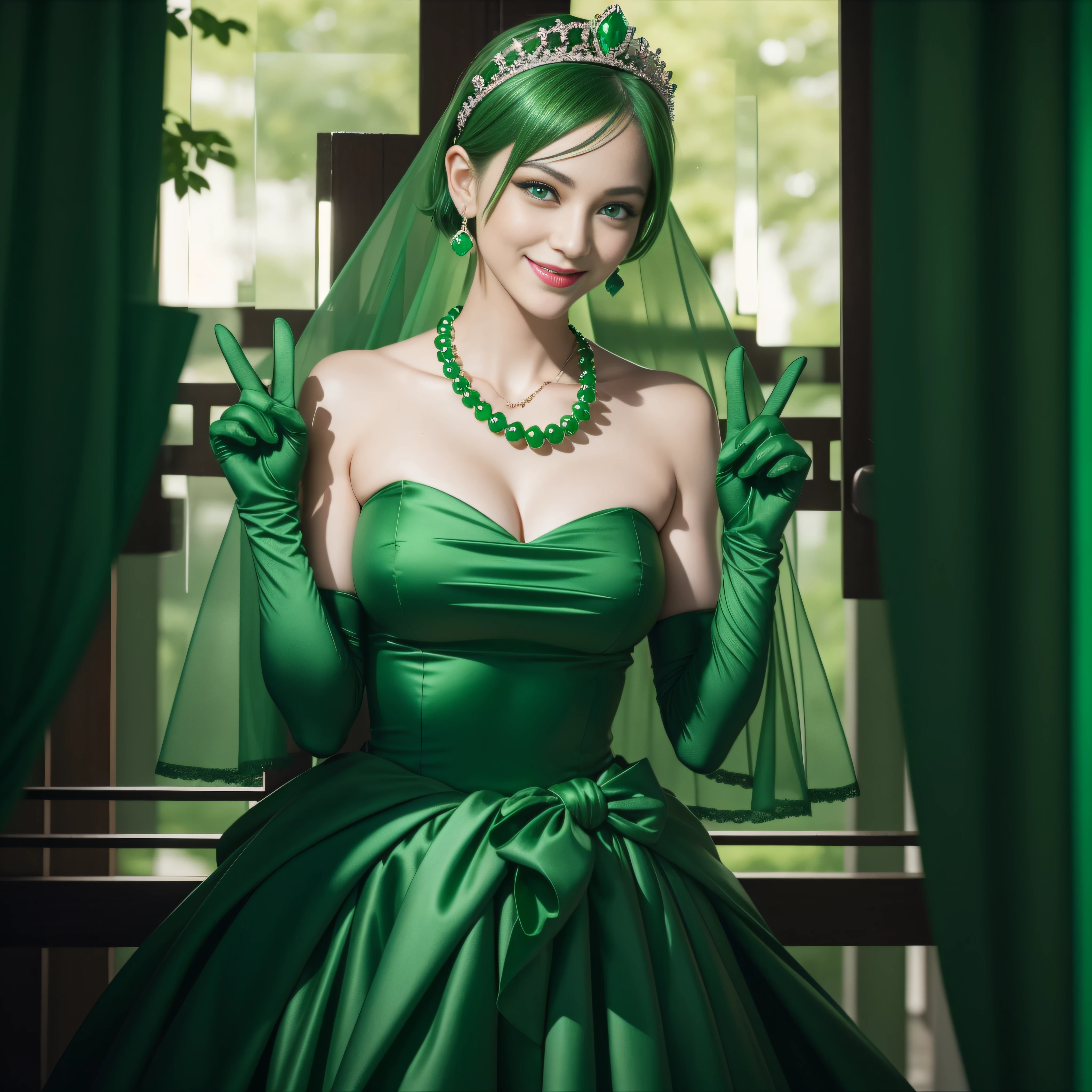 emerald tiara, Green Pearl Necklace, Boyish very short green hair, lipsticks, Japan woman smiling, very short short hair, big breasts beautiful, Green eyes, Long green gloves made of satin material, Green eyes, Emerald Earrings, green vale, v sign