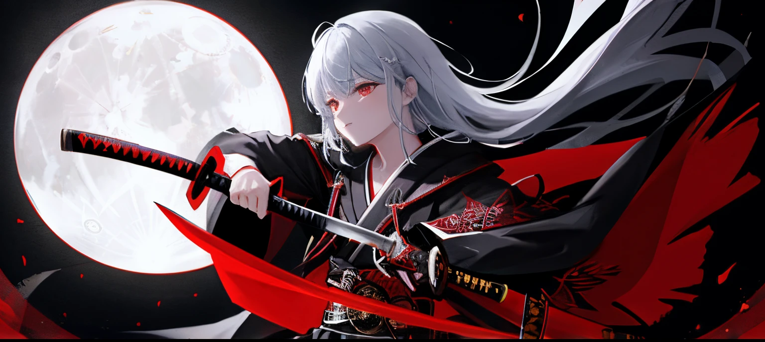masterpiece, good quality, extremely detailed wallpaper kg unity 8K, black katana, some red on katana, patterned katana handle, white moon on background