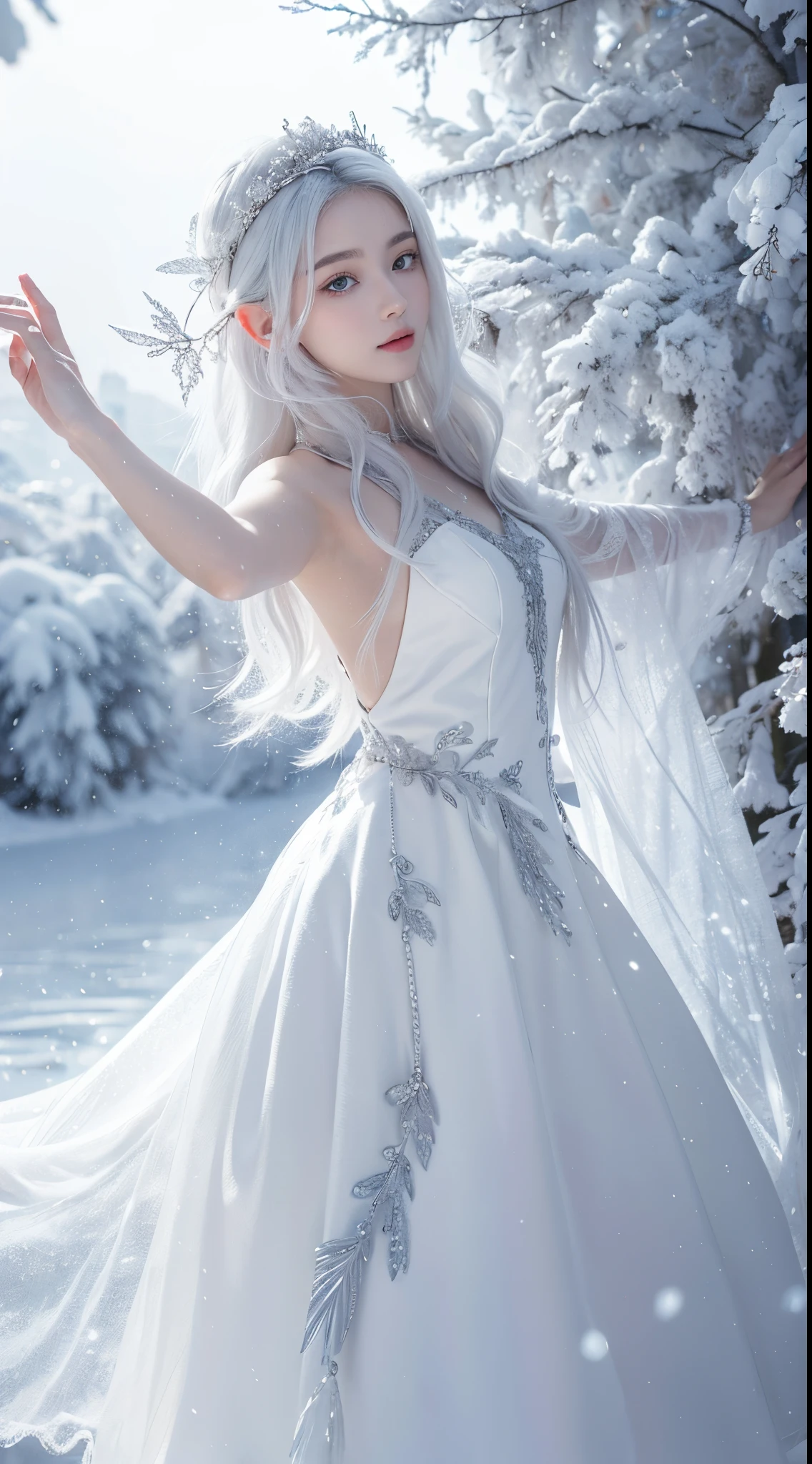 (tmasterpiece, 8K, Best quality, A high resolution, ultra-detailed, ultra-realistic realism),The white, A world covered in silver, branches covered with snow, cold winter touch, Snowflakes dance like elves, Turn the world into a silver fairy tale, Cold, Peaceful and beautiful snow scene, Comfortable and calm, Vibrant colors, Full body, Princess, 1 girl, , a baby face, w, (artistic pose),