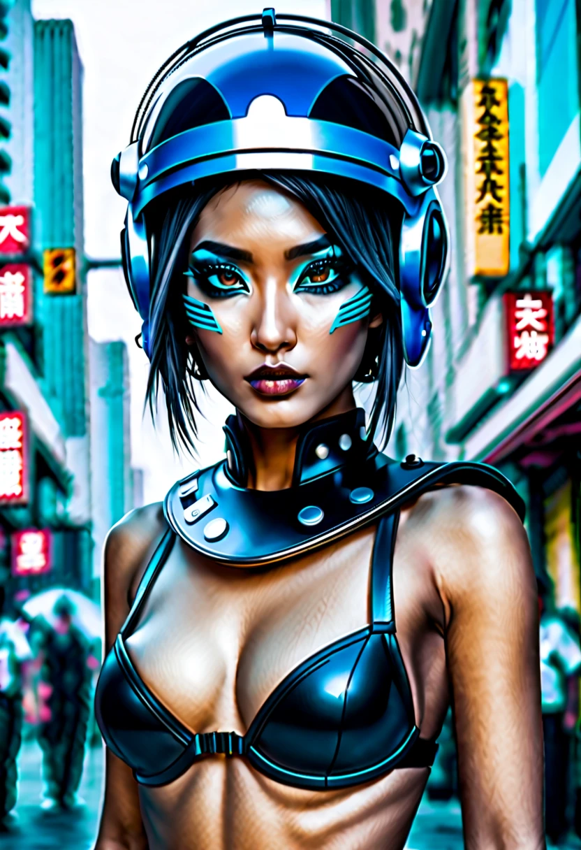 sci-fi city street with police car, beautiful Asian police woman wearing police riot gear bikini and cyberpunk helmet with wide eyes and cleopatra style eyeliner, masterpiece, est quality, super detail, anatomically correct, highres