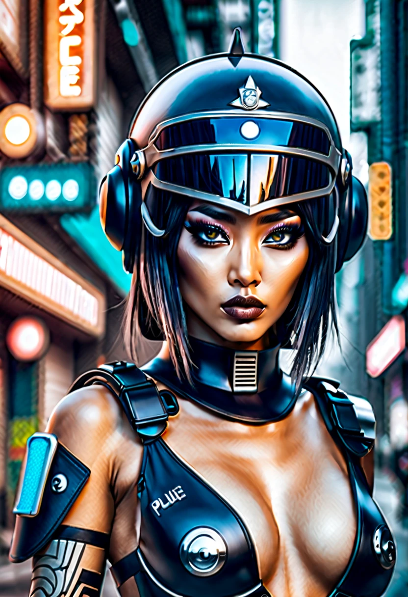 sci-fi city street with police car, beautiful Asian police woman wearing police riot gear bikini and cyberpunk helmet with wide eyes and cleopatra style eyeliner, masterpiece, est quality, super detail, anatomically correct, highres