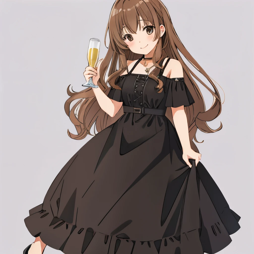 masutepiece, Best Quality,A detailed illustration、high-level image quality、hightquality、8K、((The background is :1.8))、 23 year old beautiful woman, lightbrown hair:1.5、waved hair、独奏、1womanl、Wearing a sexy dress、Cheers with a glass of champagne、Full body、Bewitching smile
