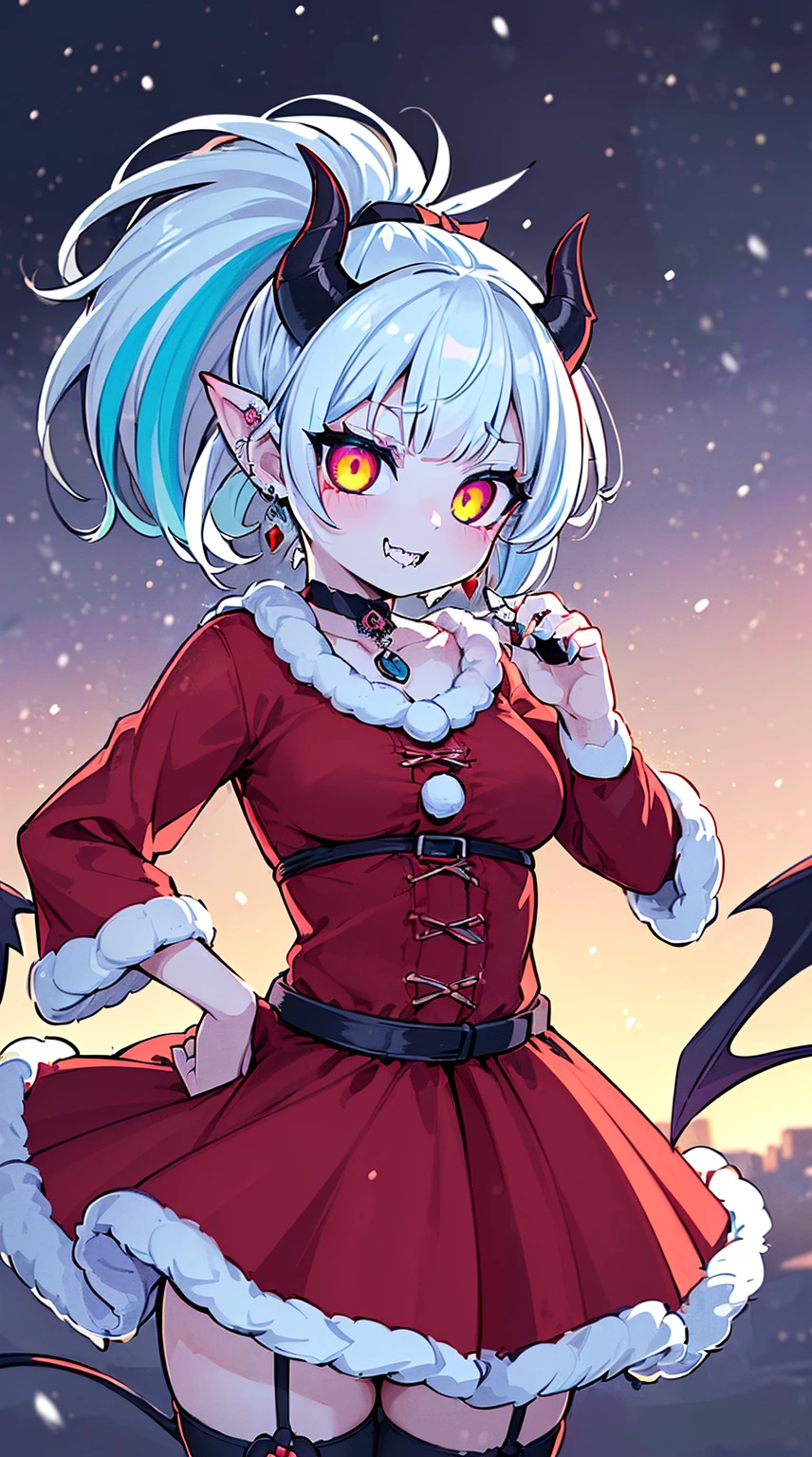 ((( (Winter background), (Snowing), (Christmas theme), (Slutty Santa outfit), ))) BLACKLIGHT, ((NSFW)), ((Medium Boobs)), realistic art, extremely delicate and beautiful, ultra-detailed, (1girl), ((Blue eyeloating, detailed light, illustration, dynamic angle, depth of field, ((((milf)))), girly, ((Blue and White hair, multicoloured hair, Blue highlights hair, (Ponytail), hair ornament, hair flower, flower, makeup, braid, smile)), demon eyes, fangs, pale white skin, (((best quality, tall girl, (skindentation), (blur background:0.6), (casual yet stylish, ((Demon Horns)), ), gorgeous, (short hair:1.5), soft lighting, wind, (front light:1.5), surprised, choker, smile, jewelry, earrings))), (ultra high res, best quality,), (8k, raw photo, best quality, masterpiece), technological sense, best quality, masterpiece, illustration,CG ,unity ,wallpaper, official art, Amazing, finely detail, an extremely delicate and beautiful,extremely detailed, highly detailed, sharp focus,rich background, (real person,photograph), ((high detailed skin)), ((( , (crazy eyes:1.3), (wide-eyed:1.2), (glowing eyes), (Demon) ))), (((a close up of a person with a weird face and nails, gothic maiden anime girl, gothic - cyberpunk, cyberpunk horror style, gothic art style, detailed digital anime art, gothic art, demon anime girl, gothic girl face, anime style 4 k, dark art style, anime cyberpunk art, gothic aesthetic, 18 - year - old anime goth girl, gothic horror vibes)))