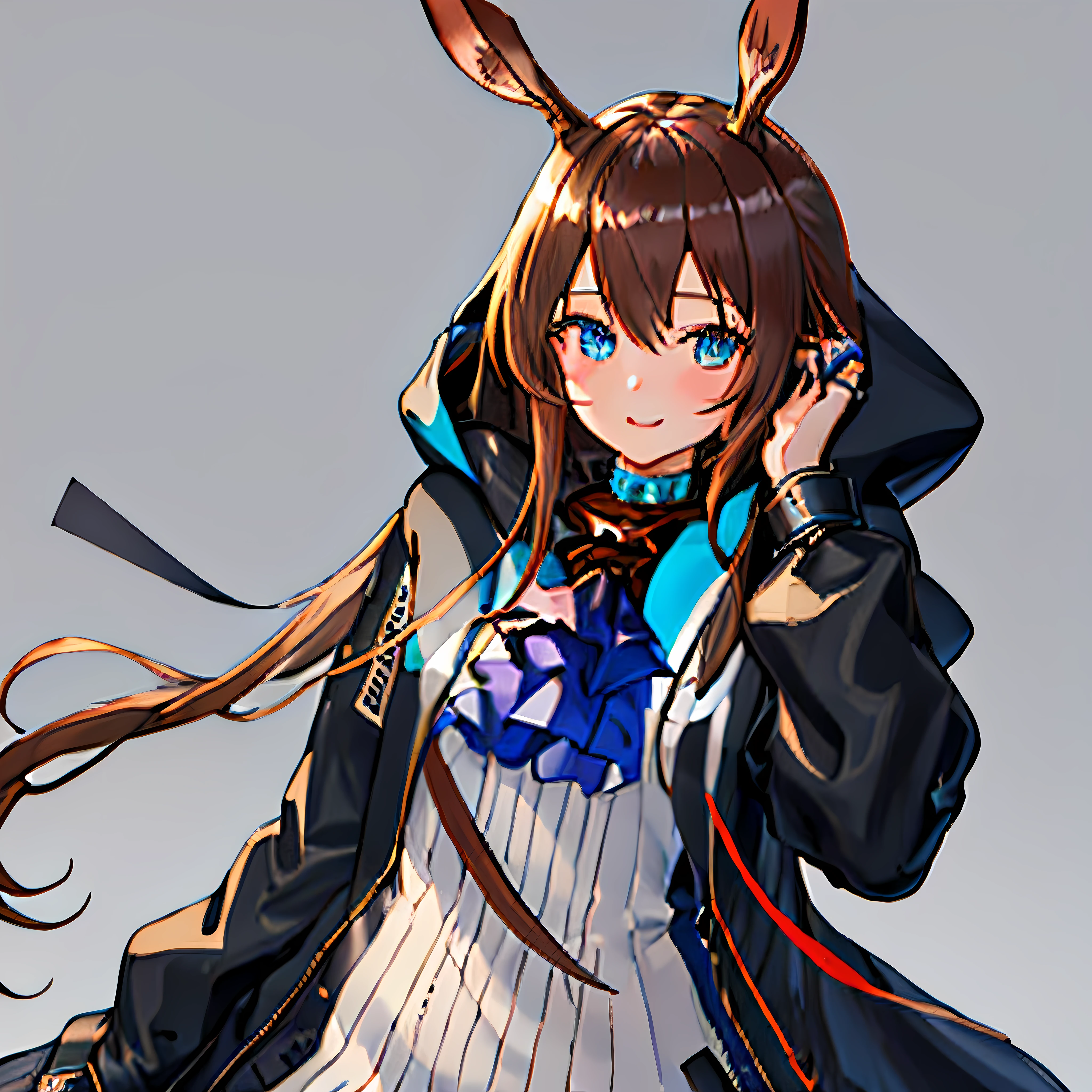 Best Quality, Masterpiece, hight resolution, a 1girl, {Amiya_arknights:1.15}, animal_Ears, Brown_Hair, Bunny_Ears, Long_Hair, Bangs, blue eyes, side locks, Jewelry, hooded_mouth, circlet, higher_body, ascot, pony tail, blusher, 1girl, black_jacket, hood, hooded_jacket, jacket, Long_Sleeves, olhando_at_Viewer, Open_The clothes, Open_jacket, hood_down, multiple_Rings, Shirt, Thumbelina, White_Shirt, _Background, White_Background, Blue_ascot, Smile, very_Long_Hair