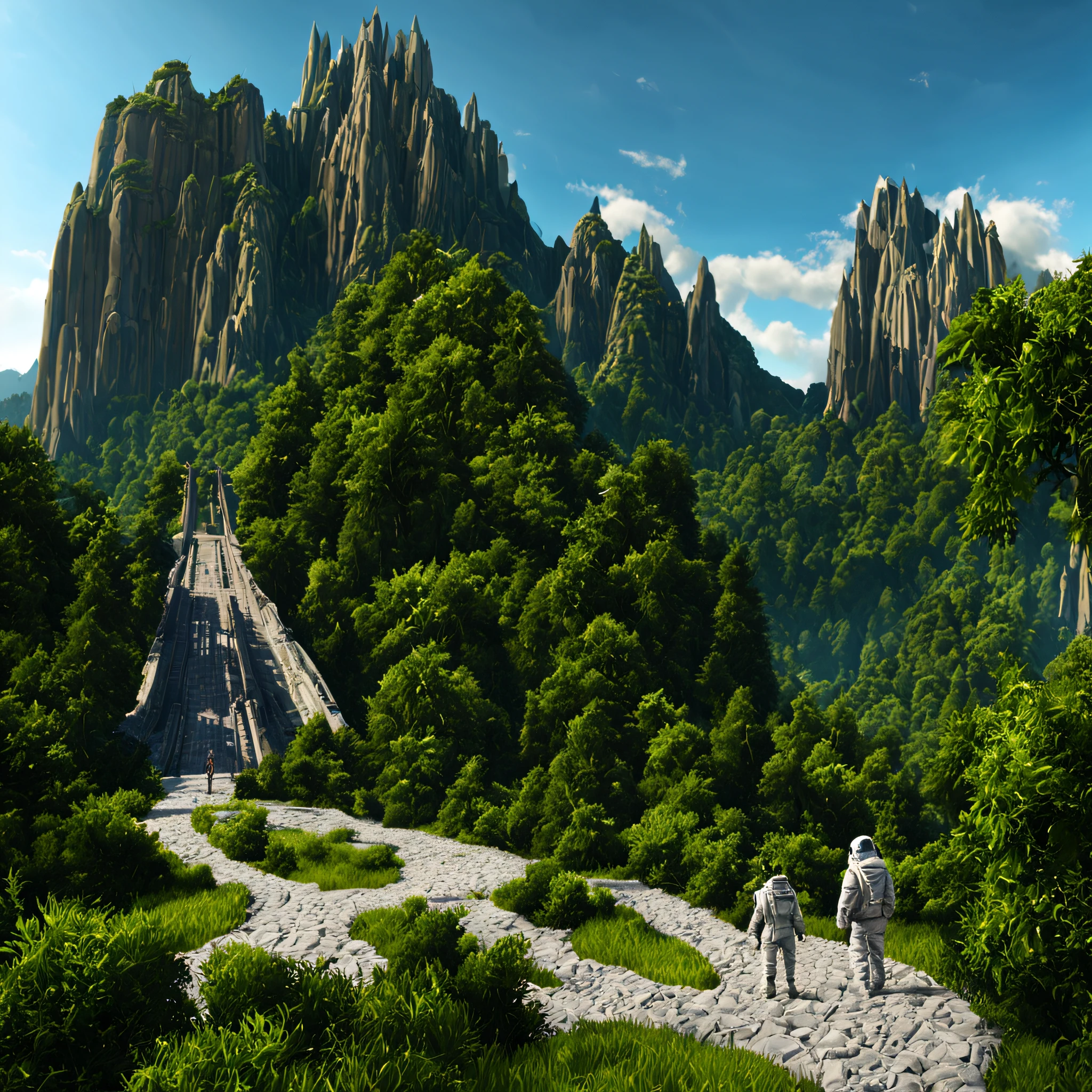 create a digital matte painting of a forest landscape with many tall green trees, with giant rocky mountains in a science fiction movie setting with ancient stone temples embedded in high rocks, the scene takes place in a clearing in the center of a dense and wide forest of trees and giant plants, in the sky of this illustration, um astronauta masculino de uniforme branco caminha em uma estrada de pedra perto de uma escadaria gigante de um templo, Close detalhado e realista do astronauta, close-up do traje espacial do astronauta, close-up de perspectiva dupla de baixo para cima, add a field full of red flower buds on the ground next to a nearby path with low green grass towards the large forest and situated in the background of the scene against the background of a blue sky with white 3D clouds along a long path, ultra realism in matte painting illustration cinematography based on the matte painting art of artist Albert Whitlock