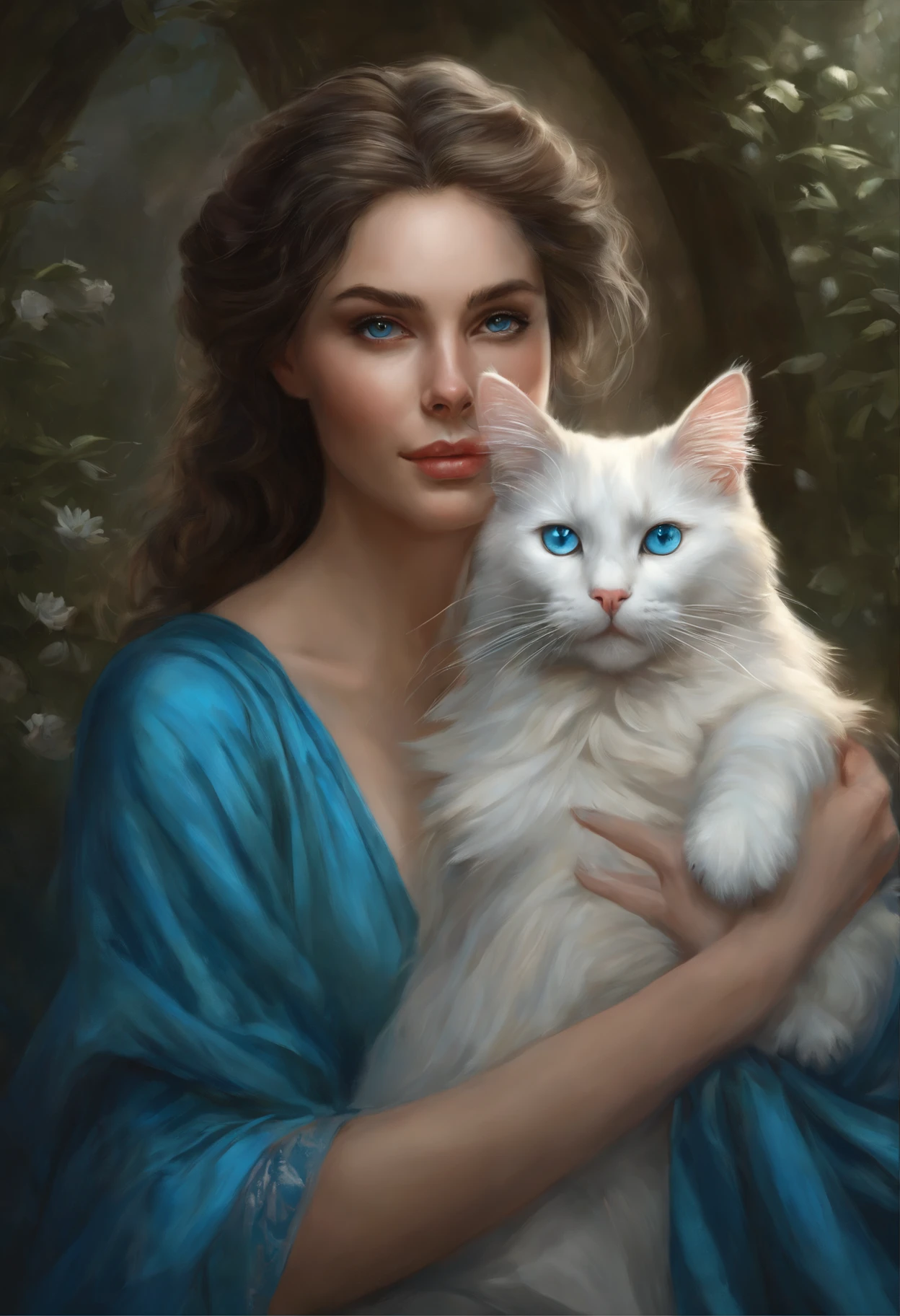 painting of a woman, holding a white cat with blue eyes., graphic artist magali villeneuve, fantasy art portrait, magali villeneuve', magali villeneuve and monet, inspired by Magali Villeneuve, fantasy portrait art, fantasy portrait, beautiful fantasy art portrait, Fantasy genre portrait, white cat girl, digital fantasy portrait, in the art style of bowater