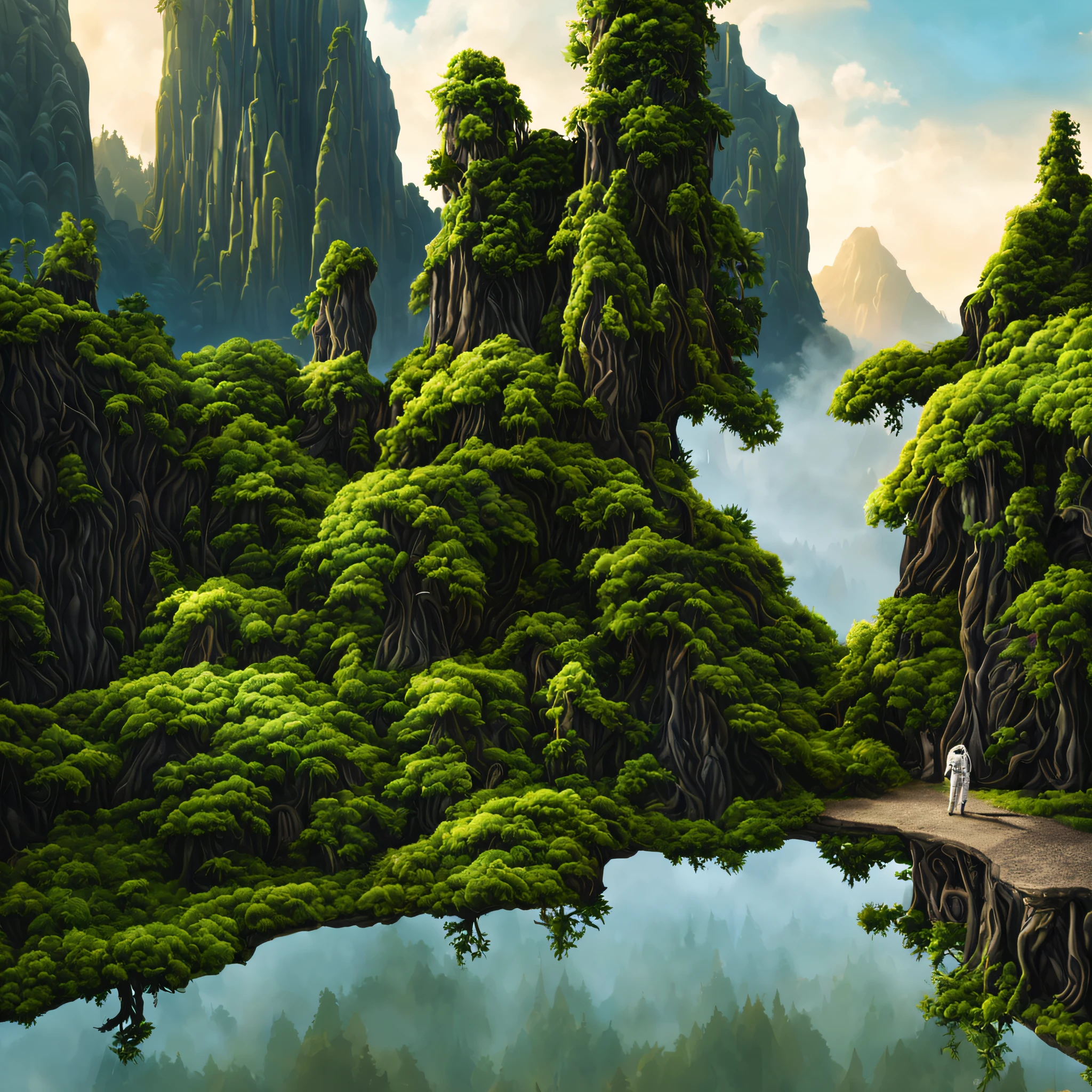 create a digital matte painting of a forest landscape with many tall green trees, with giant rocky mountains in a science fiction movie setting with ancient stone temples embedded in high rocks, the scene takes place in a clearing in the center of a dense and wide forest of trees and giant plants, in the sky of this illustration, um astronauta masculino de uniforme branco caminha em uma estrada de pedra perto de uma escadaria gigante de um templo, Close detalhado e realista do astronauta, close-up do traje espacial do astronauta, close-up de perspectiva dupla de baixo para cima, add a field full of red flower buds on the ground next to a nearby path with low green grass towards the large forest and situated in the background of the scene against the background of a blue sky with white 3D clouds along a long path, ultra realism in matte painting illustration cinematography based on the matte painting art of artist Albert Whitlock