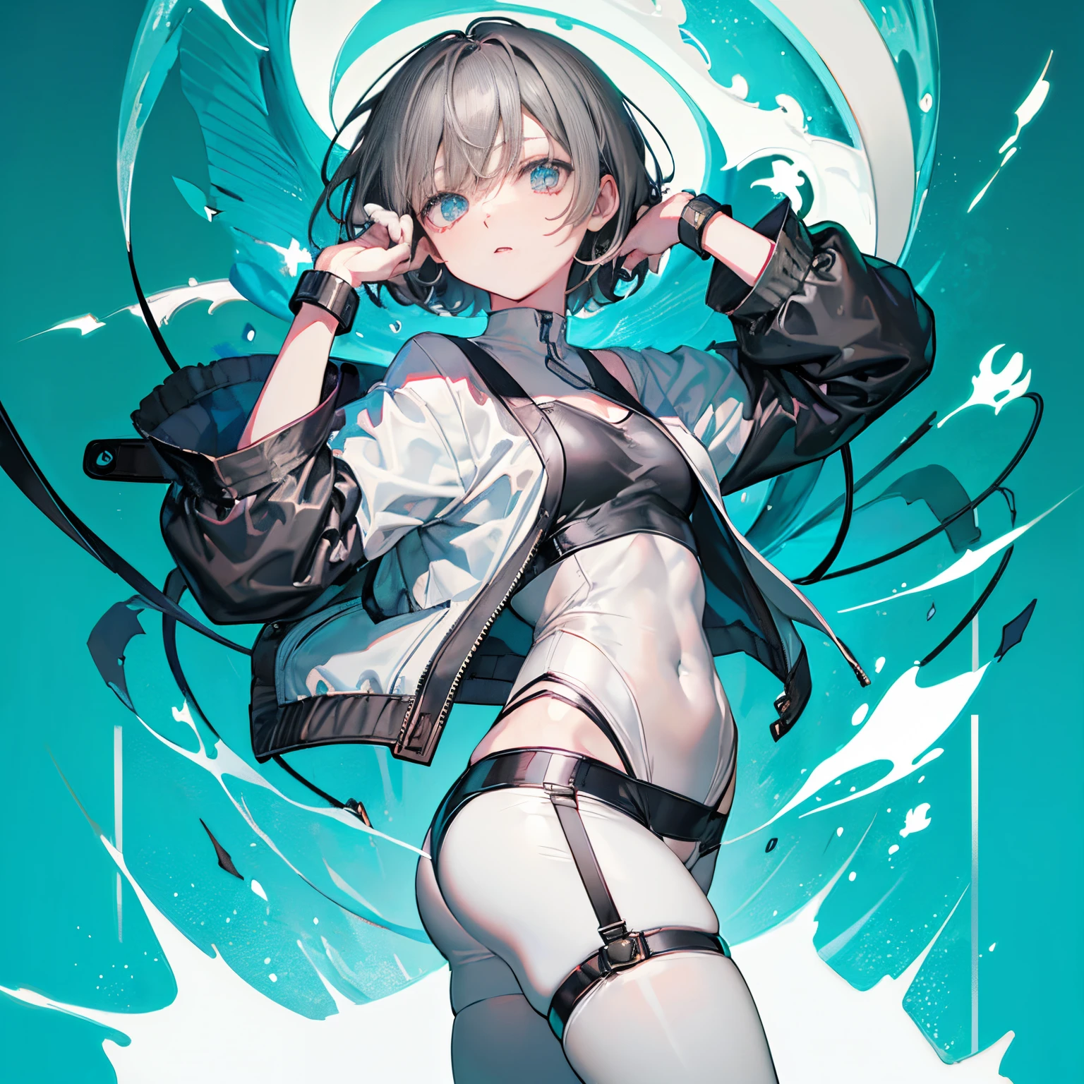 (masutepiece:1.2, Best Quality),  [1 girl in, expressioness, Turquoise eyes, black hair, half short cut hair,White Jacket,jacket comes off, ,Upper body]  (Gray white background:1.7),