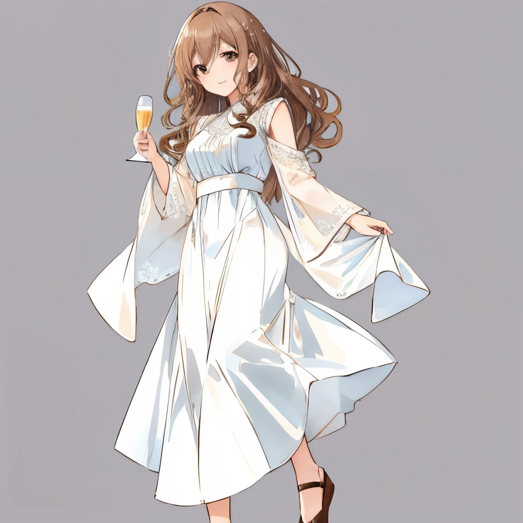 masutepiece, Best Quality,A detailed illustration、high-level image quality、hightquality、8k、((background should be simple:1.8))、 23 year old beautiful woman, lightbrown hair:1.5、waved hair、独奏、1womanl、Wearing a sexy dress、Cheers with a glass of champagne、Full body、Bewitching smile