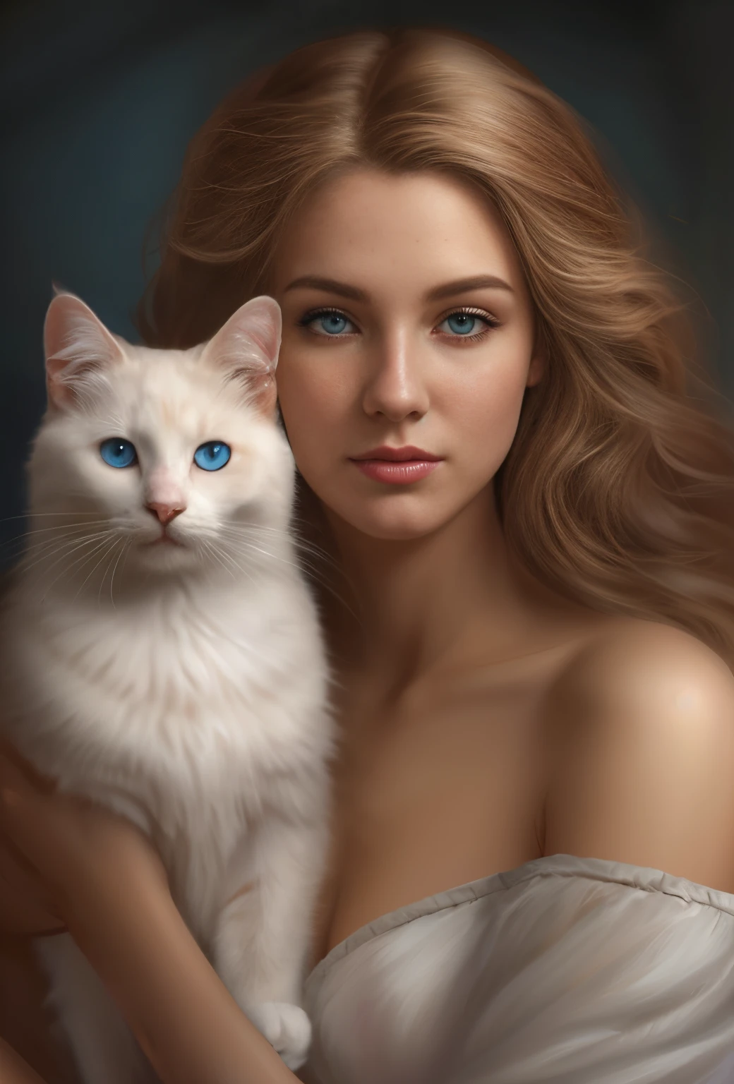 Detailed description of the girl ;portraite of a (anatomically correct physique) with a white cat (anatomically correct physique), sitting on a soft fluffy carpet, girl with blue wide eyes and a beautiful mole on her cheekbone., large eyes with heavy lids, long duck nose, thin lip shape "Classic", Mole on the right cheek on the cheekbone, shoulder length golden hair, high forehead,    in the room by the fireplace Magnificent digital painting, beautiful digital painting, beautiful fantasy art portrait, beautiful digital artwork, Stunning digital painting, beautiful fantasy portrait, fantasy art portrait, beautiful character painting, in the art style of bowater, beautiful digital illustration, fantasy portrait art, stunning digital illustration, beautiful digital art, realistic cute girl painting