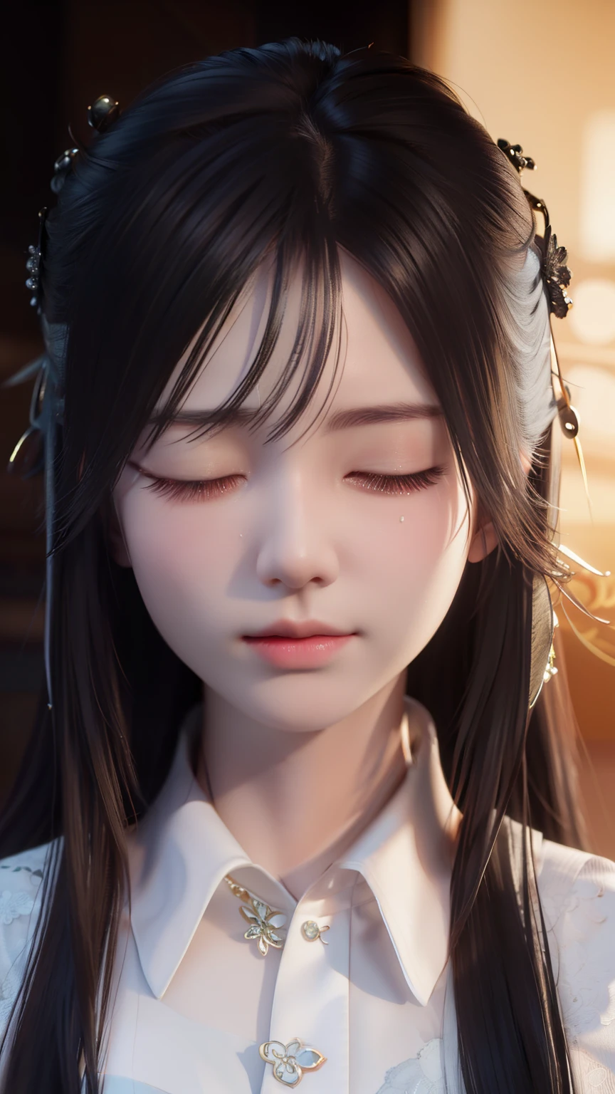 woman with closed eyes and hands on head, guweiz masterpiece, artgerm. anime illustration, Portrait of a depressed girl, artwork in the style of guweiz, 3 d anime realistic, portrait of sadako of the ring, tired and haunted expression, Beautiful crying! android woman, korean artist, photorealistic anime girl render