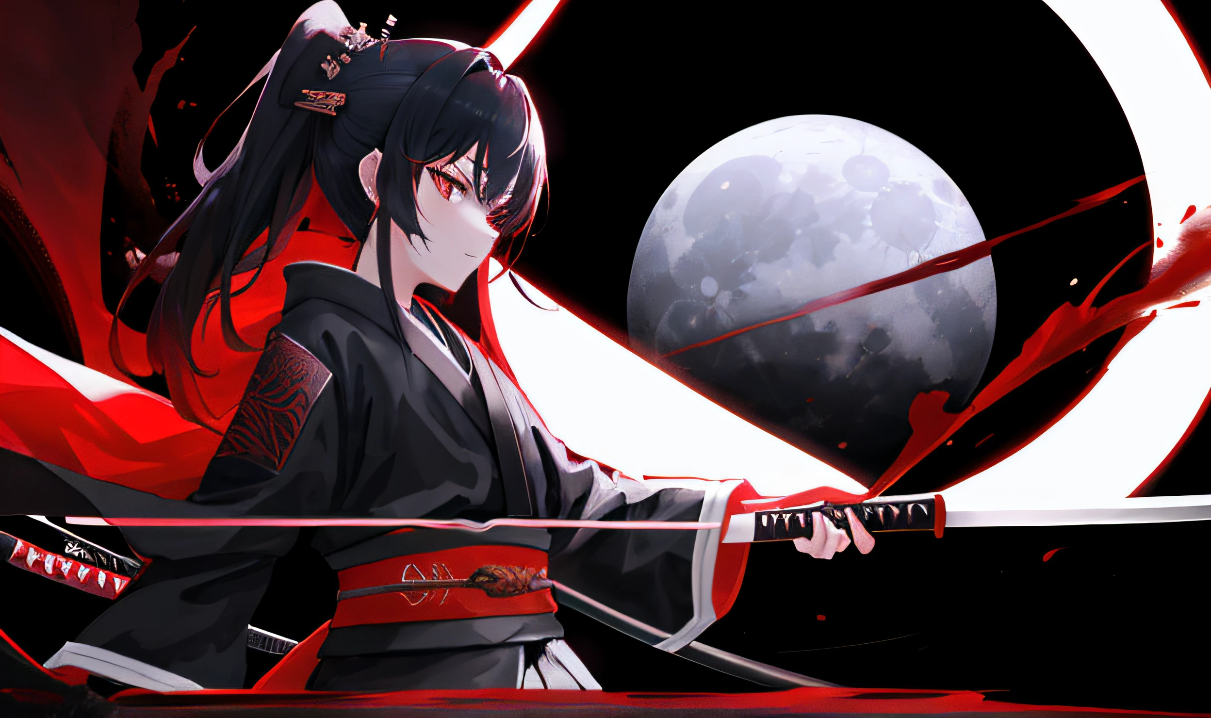 Masterpiece, Good Quality, extremely detailed wallpaper KG Unity 8K, Black Katana, a little red on the katana, katana handle with pattern, white moon in the background