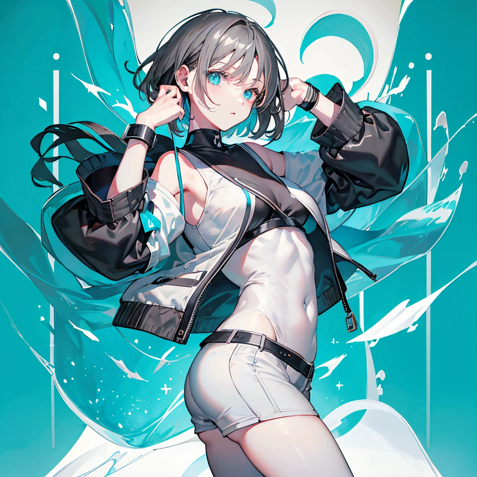 (masutepiece:1.2, Best Quality),  [1 girl in, expressioness, Turquoise eyes, black hair, half short cut hair,White Jacket,jacket comes off, ,Upper body]  (Gray white background:1.7),