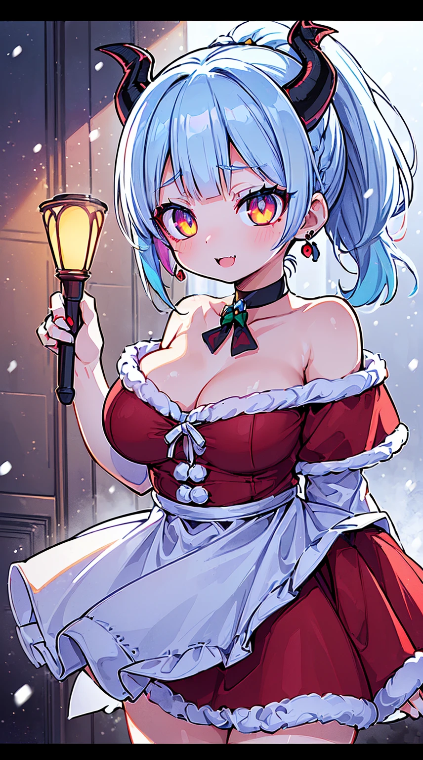 ((( (Winter background), (Snowing), (Christmas theme), (Slutty Santa outfit), ))) BLACKLIGHT, ((NSFW)), ((Medium Boobs)), realistic art, extremely delicate and beautiful, ultra-detailed, (1girl), ((Blue eyeloating, detailed light, illustration, dynamic angle, depth of field, ((((milf)))), girly, ((Blue and White hair, multicoloured hair, Blue highlights hair, (Ponytail), hair ornament, hair flower, flower, makeup, braid, smile)), demon eyes, fangs, pale white skin, (((best quality, tall girl, (skindentation), (blur background:0.6), (casual yet stylish, ((Demon Horns)), ), gorgeous, (short hair:1.5), soft lighting, wind, (front light:1.5), surprised, choker, smile, jewelry, earrings))), (ultra high res, best quality,), (8k, raw photo, best quality, masterpiece), technological sense, best quality, masterpiece, illustration,CG ,unity ,wallpaper, official art, Amazing, finely detail, an extremely delicate and beautiful,extremely detailed, highly detailed, sharp focus,rich background, (real person,photograph), ((high detailed skin)), ((( , (crazy eyes:1.3), (wide-eyed:1.2), (glowing eyes), (Demon) ))), (((a close up of a person with a weird face and nails, gothic maiden anime girl, gothic - cyberpunk, cyberpunk horror style, gothic art style, detailed digital anime art, gothic art, demon anime girl, gothic girl face, anime style 4 k, dark art style, anime cyberpunk art, gothic aesthetic, 18 - year - old anime goth girl, gothic horror vibes)))