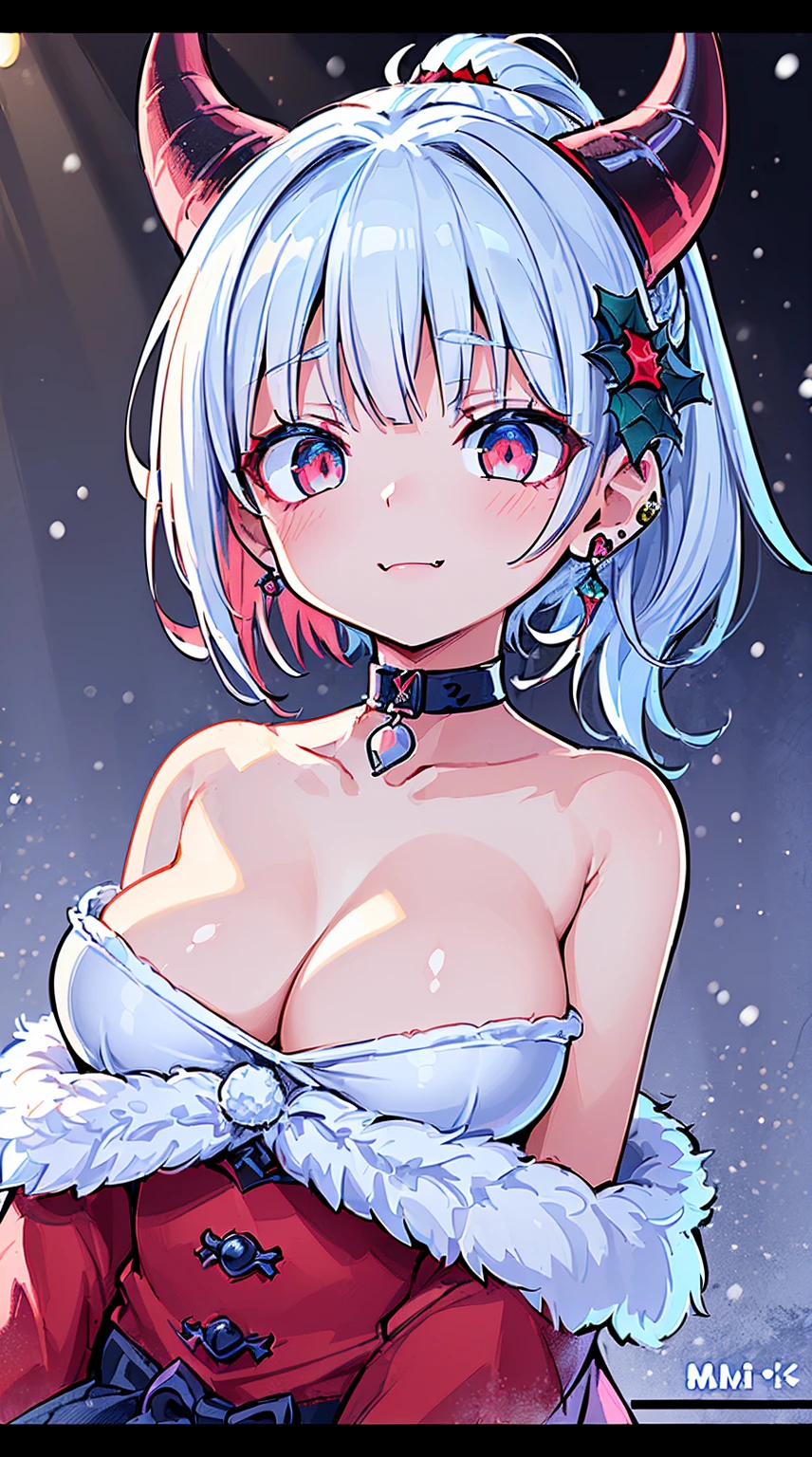 ((( (Winter background), (Snowing), (Christmas theme), (Slutty Santa outfit), ))) BLACKLIGHT, ((NSFW)), ((Medium Boobs)), realistic art, extremely delicate and beautiful, ultra-detailed, (1girl), ((Blue eyeloating, detailed light, illustration, dynamic angle, depth of field, ((((milf)))), girly, ((Blue and White hair, multicoloured hair, Blue highlights hair, (Ponytail), hair ornament, hair flower, flower, makeup, braid, smile)), demon eyes, fangs, pale white skin, (((best quality, tall girl, (skindentation), (blur background:0.6), (casual yet stylish, ((Demon Horns)), ), gorgeous, (short hair:1.5), soft lighting, wind, (front light:1.5), surprised, choker, smile, jewelry, earrings))), (ultra high res, best quality,), (8k, raw photo, best quality, masterpiece), technological sense, best quality, masterpiece, illustration,CG ,unity ,wallpaper, official art, Amazing, finely detail, an extremely delicate and beautiful,extremely detailed, highly detailed, sharp focus,rich background, (real person,photograph), ((high detailed skin)), ((( , (crazy eyes:1.3), (wide-eyed:1.2), (glowing eyes), (Demon) ))), (((a close up of a person with a weird face and nails, gothic maiden anime girl, gothic - cyberpunk, cyberpunk horror style, gothic art style, detailed digital anime art, gothic art, demon anime girl, gothic girl face, anime style 4 k, dark art style, anime cyberpunk art, gothic aesthetic, 18 - year - old anime goth girl, gothic horror vibes)))
