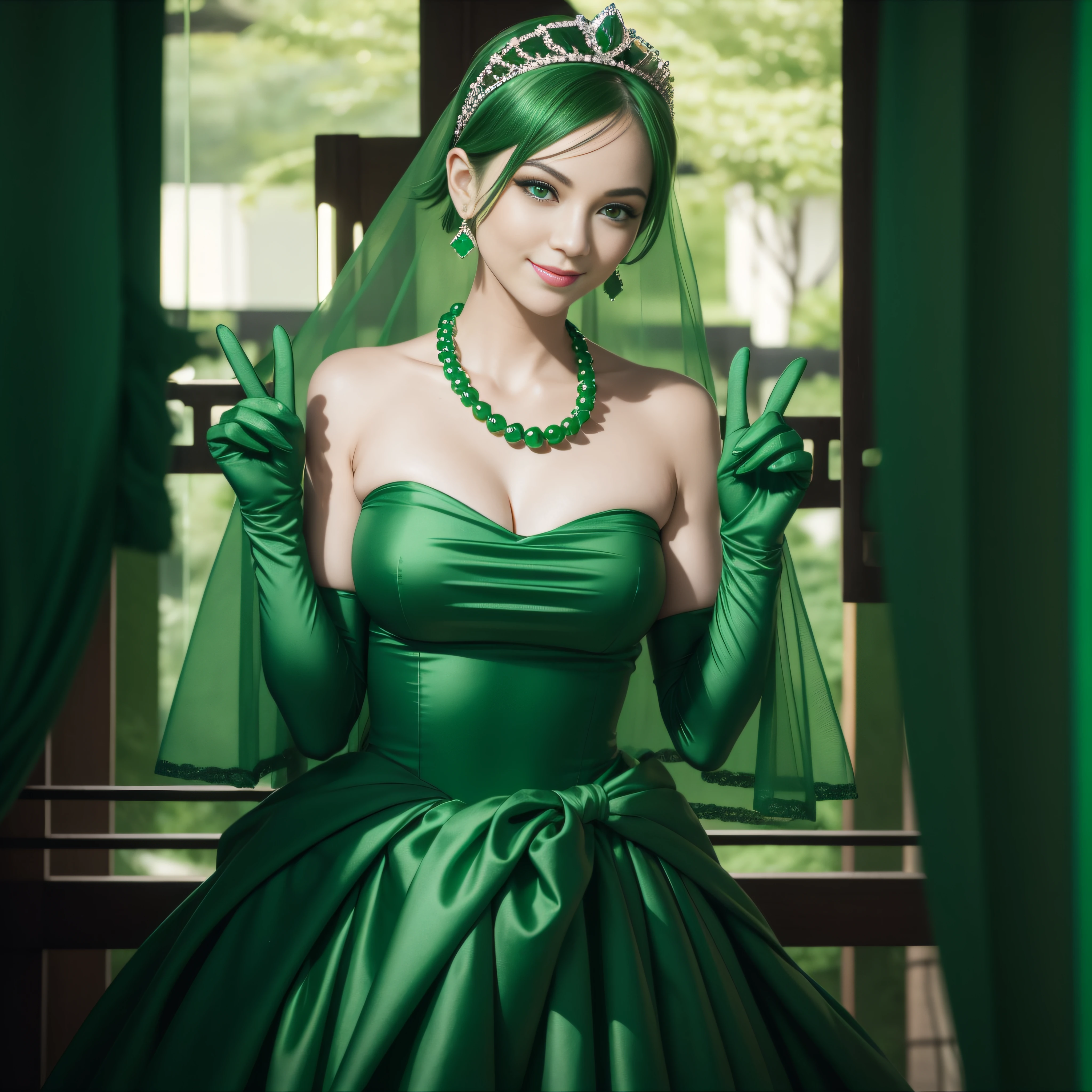 emerald tiara, Green Pearl Necklace, Boyish very short green hair, lipsticks, Japan woman smiling, very short short hair,  big breasts beautiful, Green eyes, Long green gloves made of satin material, Green eyes, Emerald Earrings, green vale, v sign