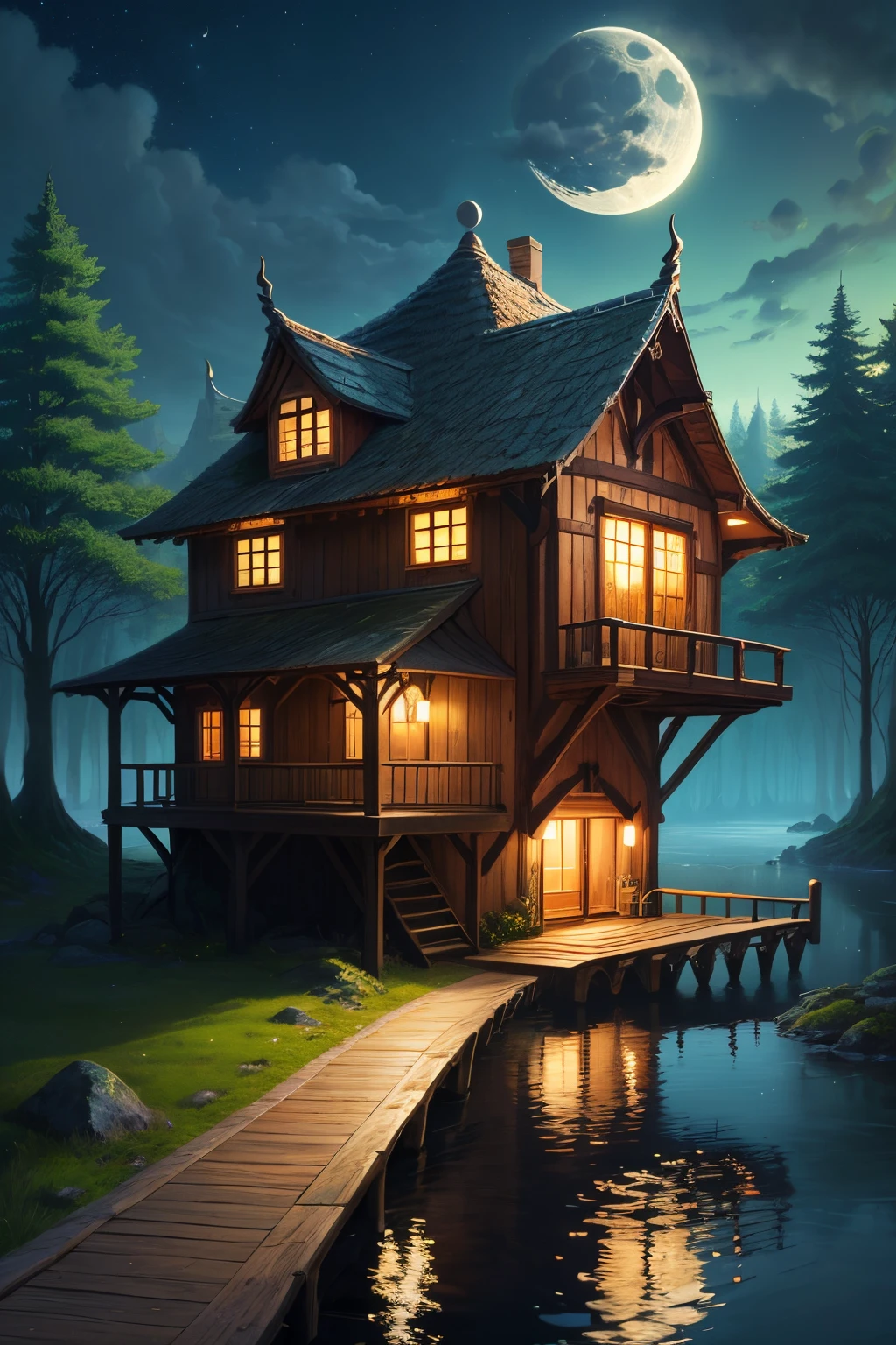 fantasy forest home with water and moon sky