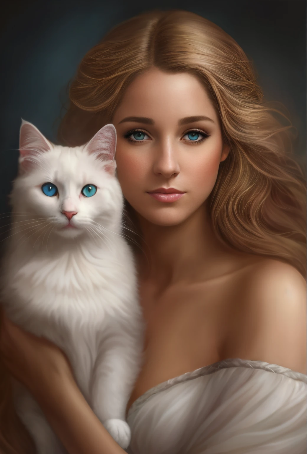 Woman holding a white cat, fantasy art portrait, realistic fantasy illustration, digital fantasy portrait, inspired by Magali Villeneuve, beautiful fantasy art portrait, fantasy portrait, Fantasy genre portrait, beautiful fantasy portrait, graphic artist magali villeneuve, in the art style of bowater, gorgeous digital painting, fantasy portrait art