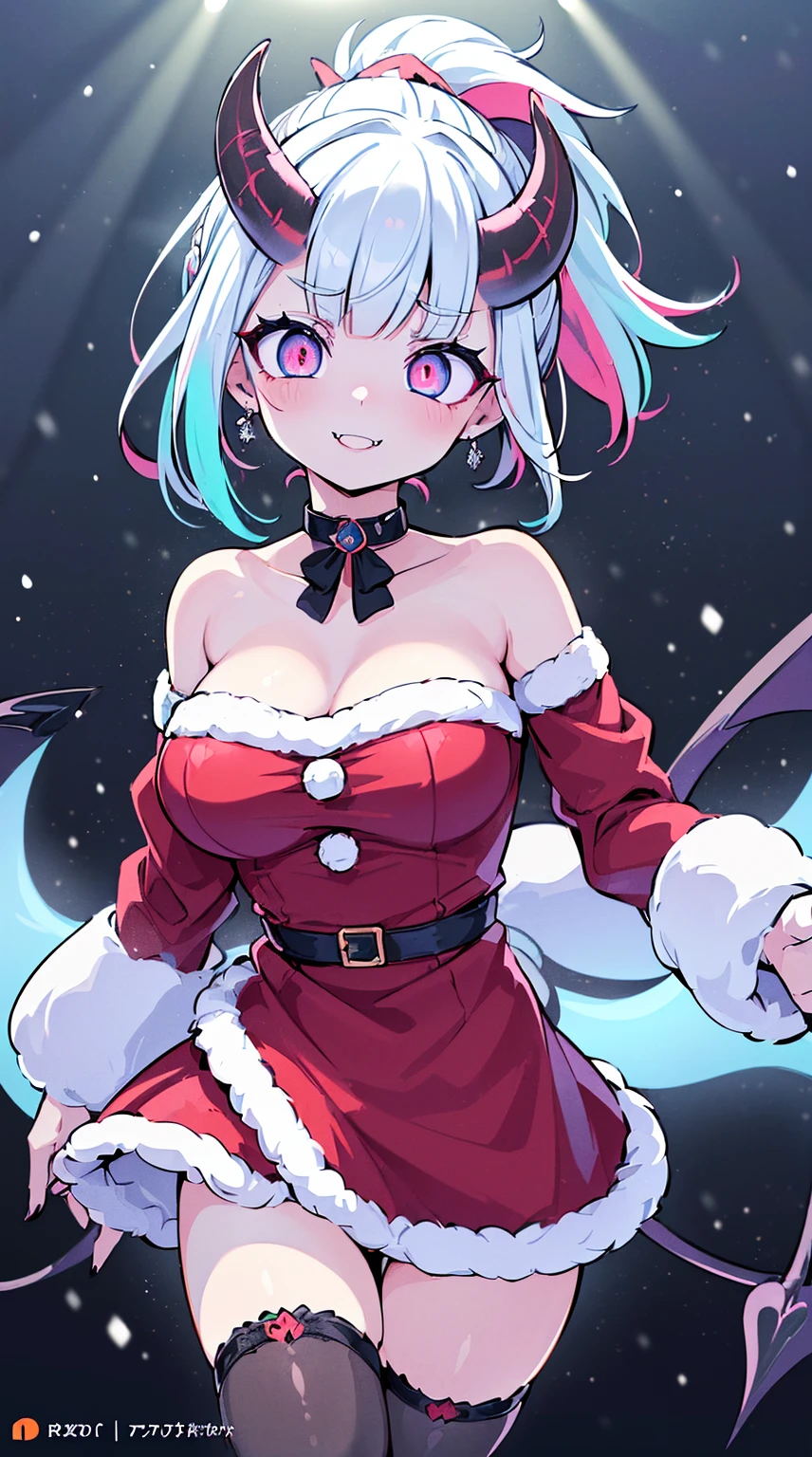 ((( (Winter background), (Snowing), (Christmas theme), (Slutty Santa outfit), ))) BLACKLIGHT, ((NSFW)), ((Small Boobs)), realistic art, extremely delicate and beautiful, ultra-detailed, (1girl), ((Blue eyes)), floating, detailed light, illustration, dynamic angle, depth of field, ((((milf)))), girly, ((Blue and White hair, multicoloured hair, Blue highlights hair, (Ponytail), hair ornament, hair flower, flower, makeup, braid, smile)), demon eyes, fangs, pale white skin, (((best quality, 1girl, (skindentation), (blur background:0.6), (casual yet stylish, ((Demon Horns)), ), gorgeous, (short hair:1.5), soft lighting, wind, (front light:1.5), surprised, choker, smile, jewelry, earrings))), (ultra high res, best quality,), (8k, raw photo, best quality, masterpiece), technological sense, best quality, masterpiece, illustration,CG ,unity ,wallpaper, official art, Amazing, finely detail, an extremely delicate and beautiful,extremely detailed, highly detailed, sharp focus,rich background, (real person,photograph), ((high detailed skin)), ((( , (crazy eyes:1.3), (wide-eyed:1.2), (glowing eyes), (Demon) ))), (((a close up of a person with a weird face and nails, gothic maiden anime girl, gothic - cyberpunk, cyberpunk horror style, gothic art style, detailed digital anime art, gothic art, demon anime girl, gothic girl face, anime style 4 k, dark art style, anime cyberpunk art, gothic aesthetic, 1 7 - year - old anime goth girl, gothic horror vibes)))