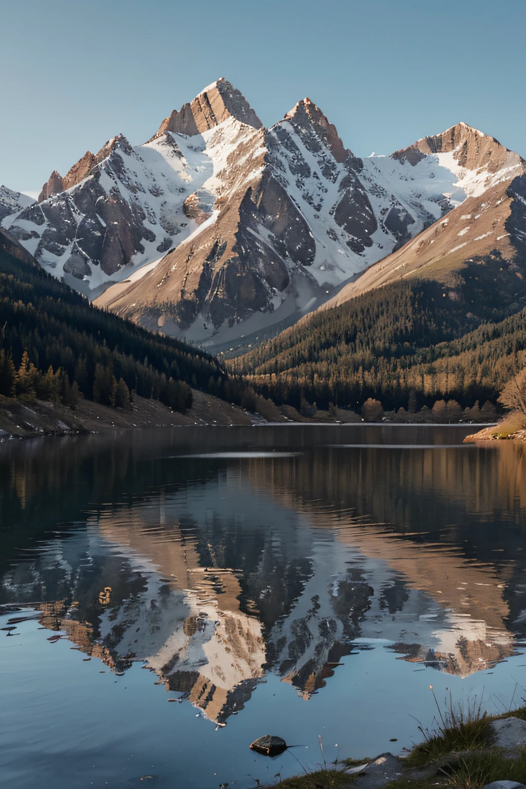 Create a serene landscape with a mountain range in the background and a lake in the foreground