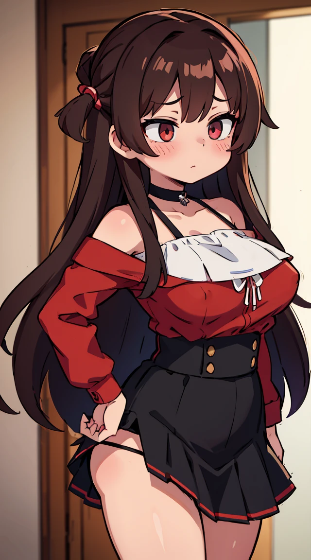 Brown_long_hair, 1girl, hair_over_one_eye, blush_on_cheeks, nipple outlines, excited, embarased, ashamed, shy, turned_on, black_choker, red_shoulder-length_shirt, open_shoulders, open_breasts, tiny_blue_skirt, perfect_quality, perfect_high_resolution, massive_sexy_breasts, sexy_young_girl, best noise removal, groin exposed, pantsu