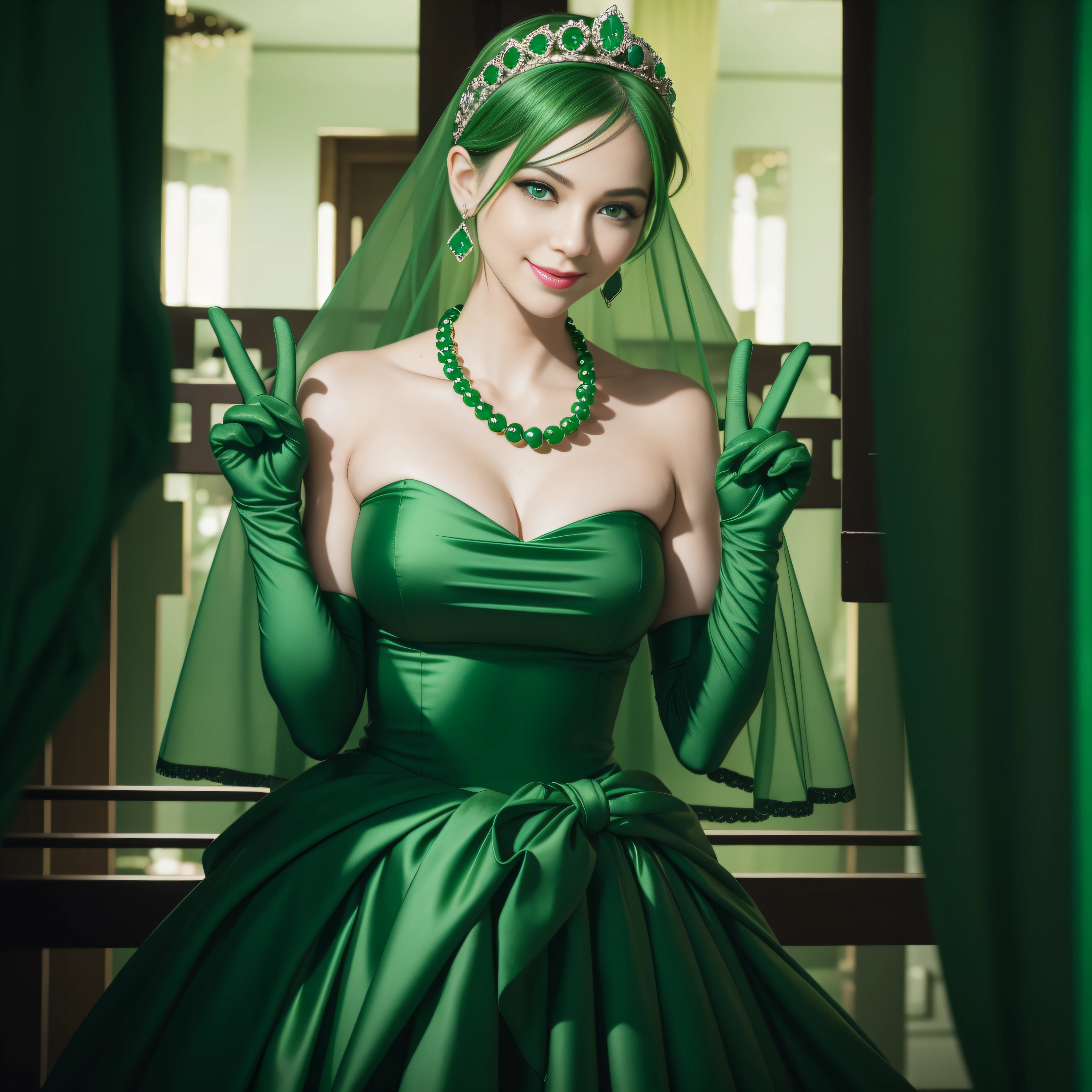 emerald tiara, Green Pearl Necklace, Boyish very short green hair, lipsticks, Japan woman smiling, very short short hair,  big breasts beautiful, Green eyes, Long green gloves made of satin material, Green eyes, Emerald Earrings, green vale, v sign