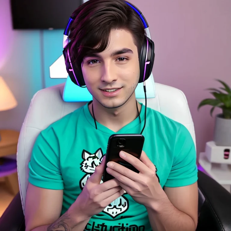 Twitchstreamer masculino, 1boy, usando fones de ouvido, camisa, color lighting