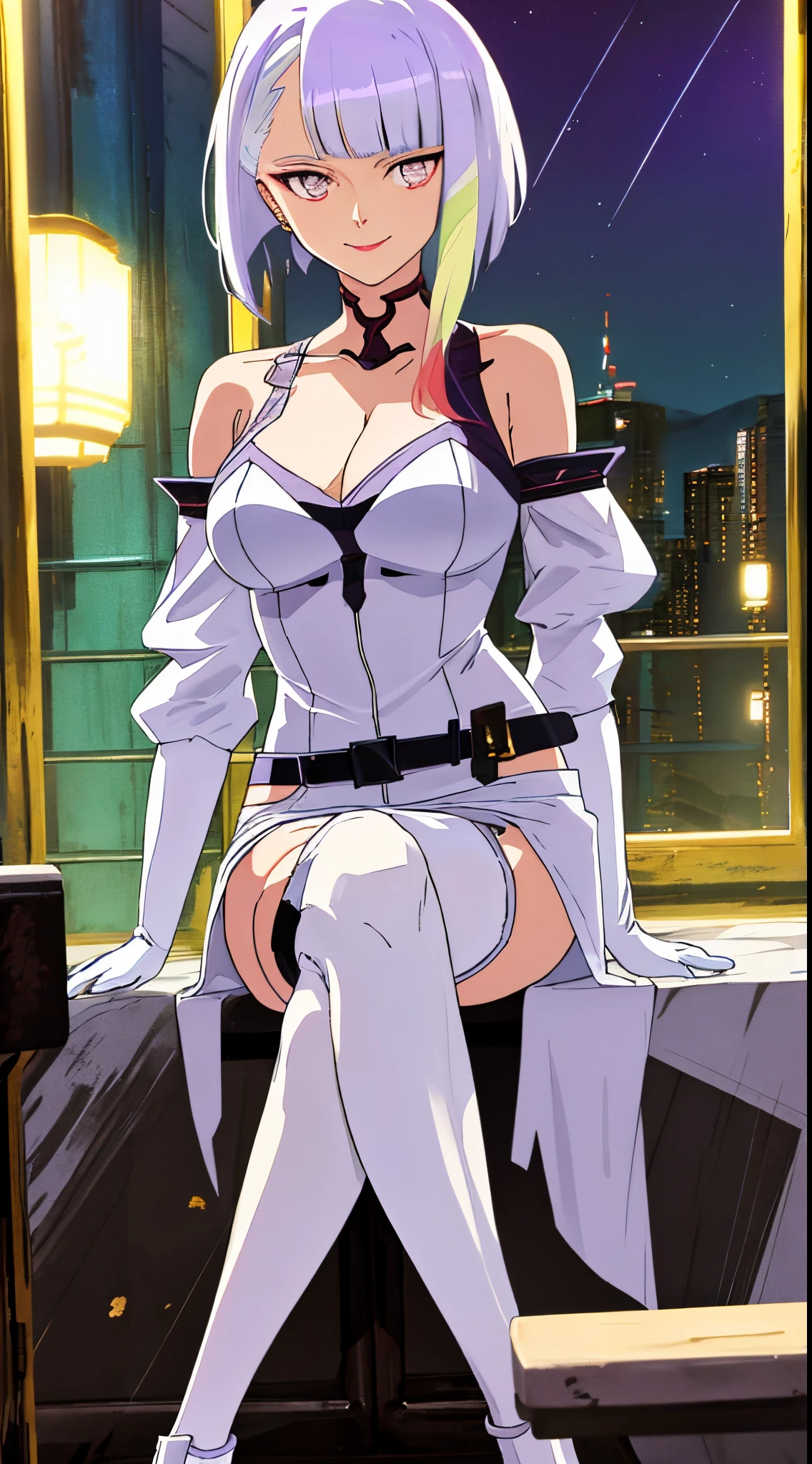 Lucyna kushinada, anime style beautiful woman, best quality, perfectanatomy, ultra detailed, 1girl, solo, large breasts, curvy body, good hands, good legs, good knees, night sky, stars, short hair, breasts, looking at viewer, happy, bangs, white hair, thighhighs, gloves, dress, cleavage, bare shoulders, light purple eyes, short hair, crossing legs, white gloves, white dress, armor, white thighhighs, garter straps, white armor, smile