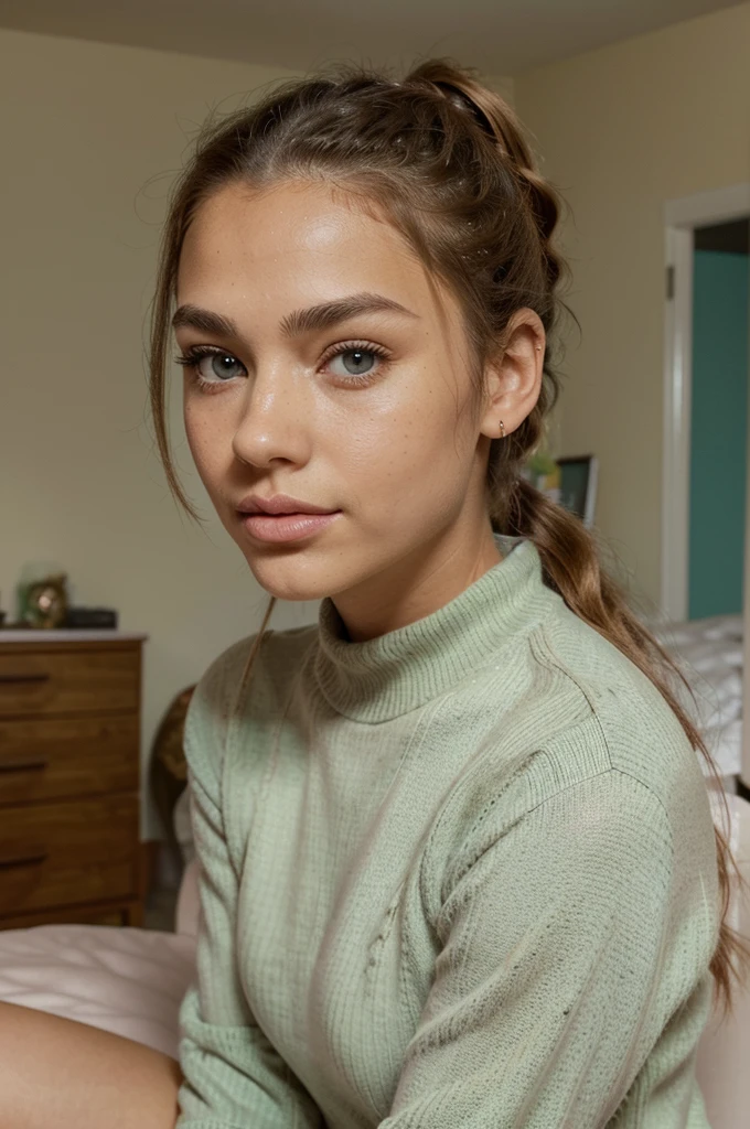 an instagram model wearing warm sweater, sitting in her room, perfect jaws , stylish posing, wavy medium Brunette hairs, ponytail hair style, greenish blue eyes, almond eye shape, tan skin tone, freckled, Ethnicity, Caucasian, arched eyebrows, pink thin lips, straight nose, young model, perfect figure, realistic photography