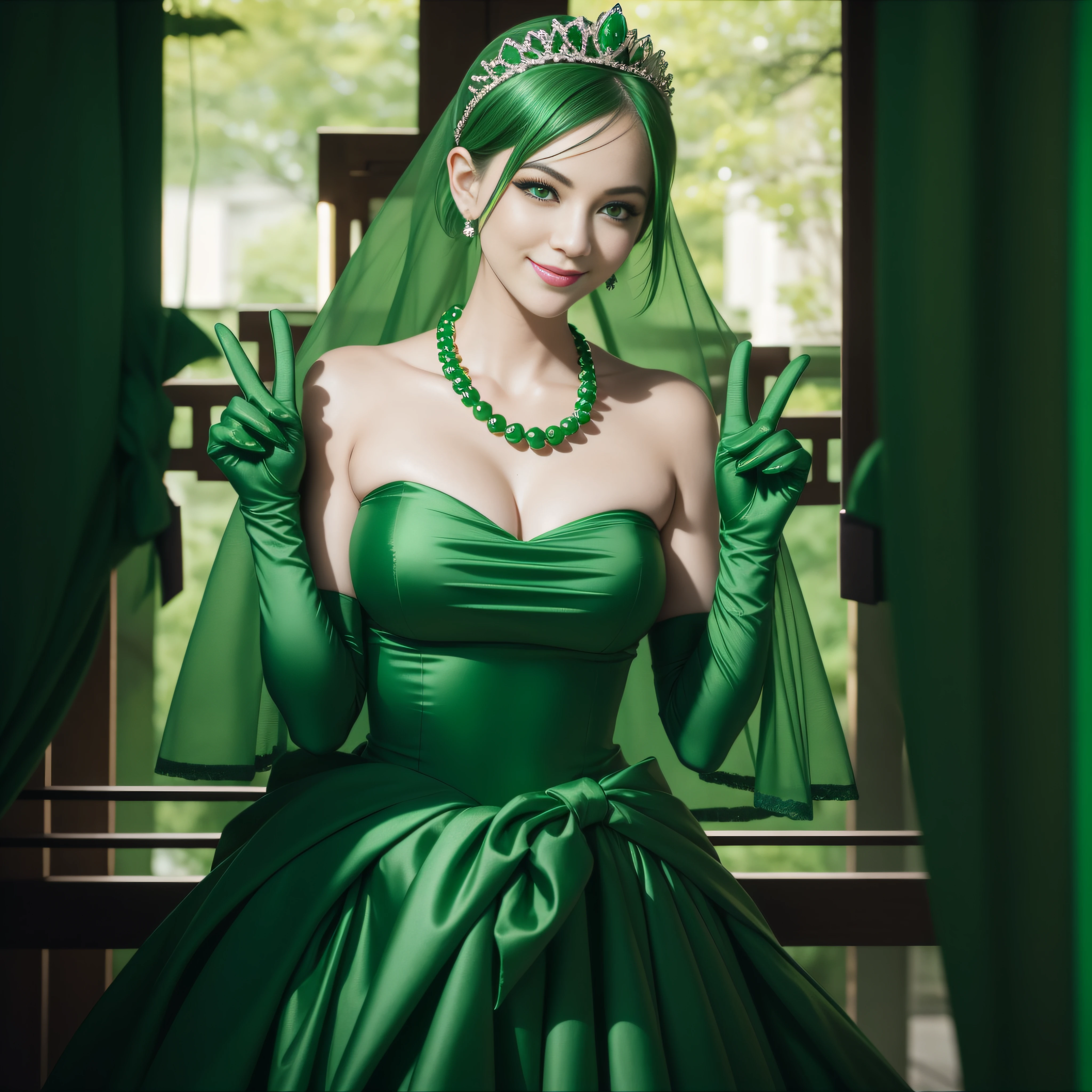 emerald tiara, Green Pearl Necklace, Boyish very short green hair, lipsticks, Japan woman smiling, very short short hair, big breasts beautiful, Green eyes, Long green gloves made of satin material, Green eyes, Emerald Earrings, green vale, v sign